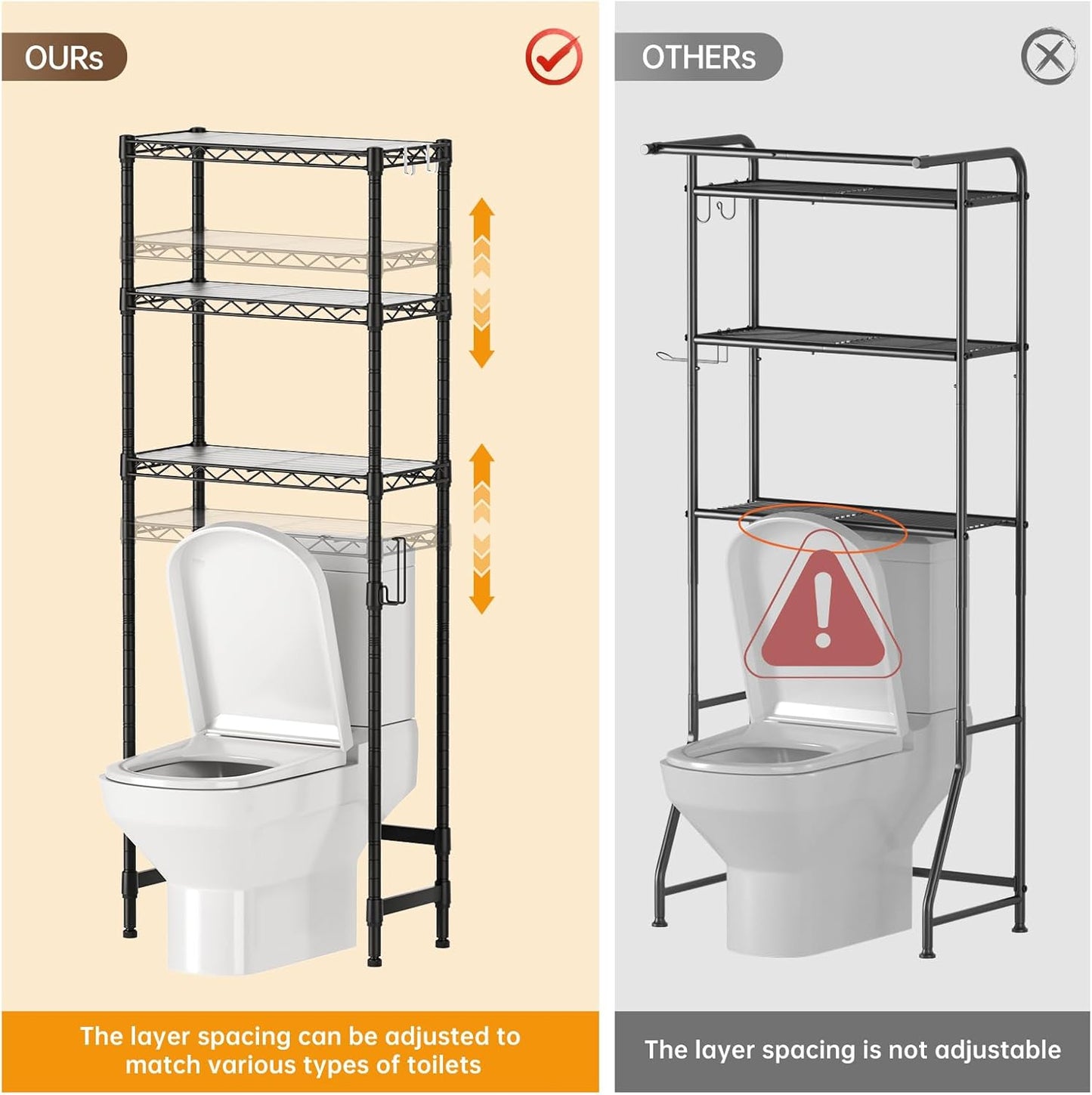 3-Tier Over-The-Toilet Storage Shelf,Heavy-Duty Adjustable Bathroom Rack with 2 Mesh Baskets,Toilet Paper Holder & Hooks,Space-Saving Organizer for Bathroom,10”D x 24”W x 66”H,Black