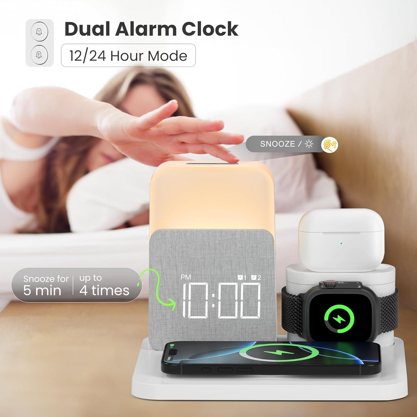 Alarm Clock with Wireless Charger for Bedrooms, 6 in 1 Wireless Charging Station, Magnetic Charger with Night Light Bedside Clock for iPhone 17 16 15 14 13 12 Pro Max, Apple Watch, AirPods