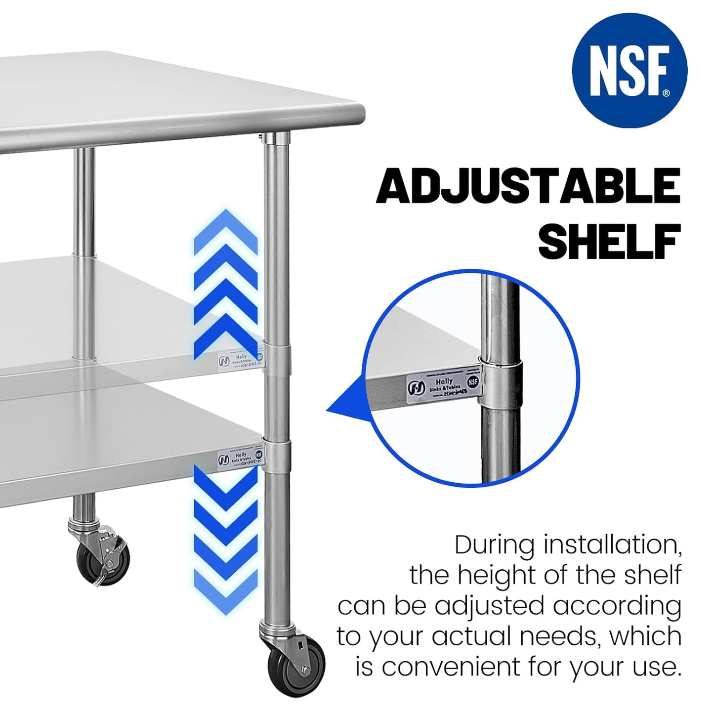Hally Stainless Steel Table for Prep & Work 24 x 48 Inches with Caster Wheels, NSF Commercial Heavy Duty Table with Undershelf and Galvanized Legs for Restaurant, Home and Hotel