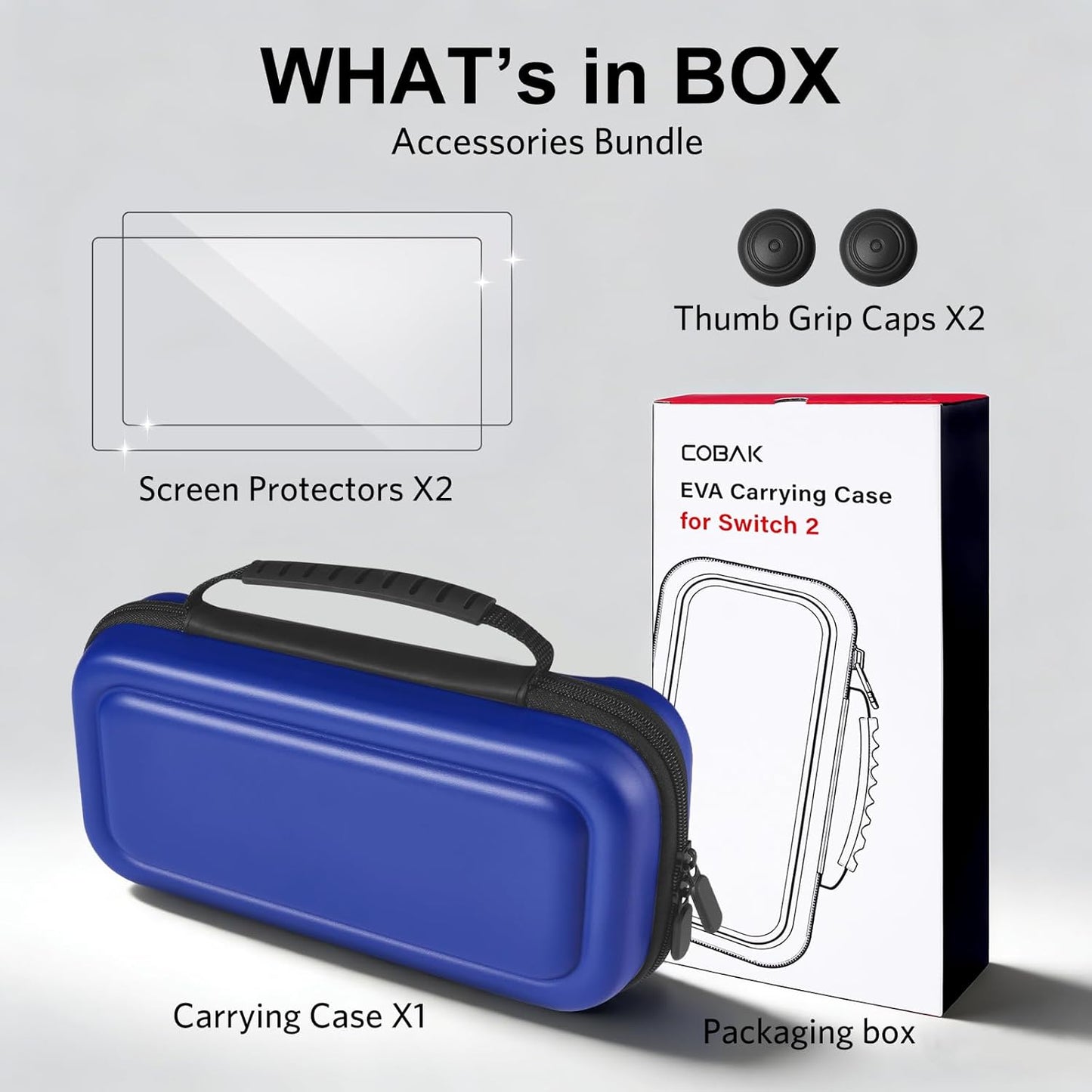 CoBak Large Capacity Carrying Case for Nintendo Switch 2 (2025) - 3 in 1 Accessories Bundle with 2 Screen Protectors, Thumb Grip Caps, 24 Game Cartridges, Hard Shell Portable Travel Pouch, Blue