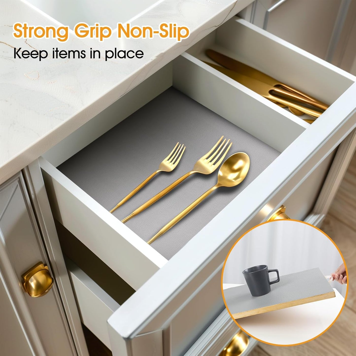 Shelf and Drawer Liner for Kitchen Cabinets Non-Adhesive, Strong Grip Non-Slip Thickened Cabinet Liners for Shelves, Waterproof Mats for Dresser Cupboard, Pure Gray, 23 in x 10 Feet