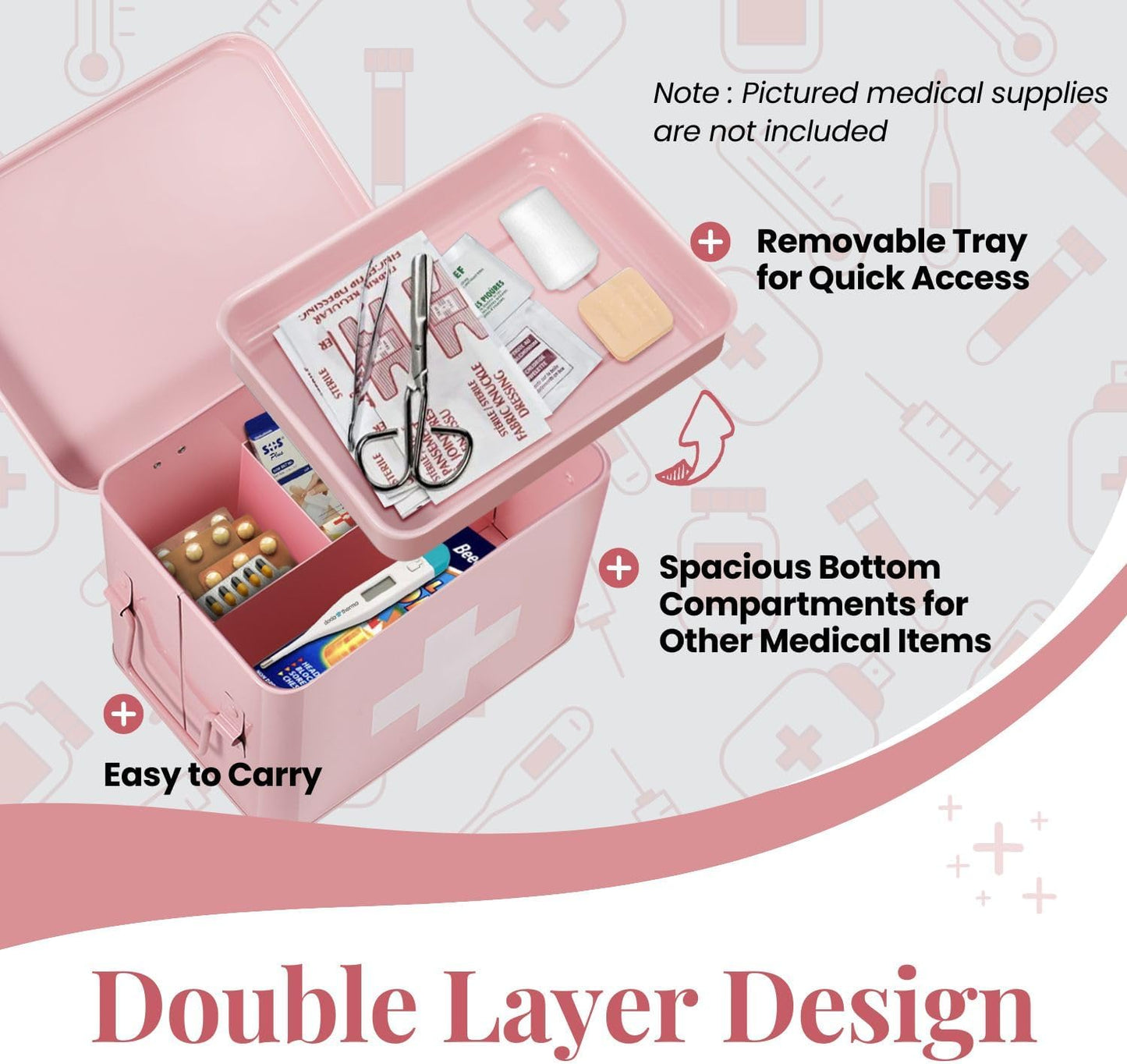 Flexzion First Aid Box Organizer, Empty 8.5 Inch Pink Vintage First Aid Kit Tin Metal Medical Box First Aid Storage Box Container Bins with Dividers, Removable Tray and Cross Logo