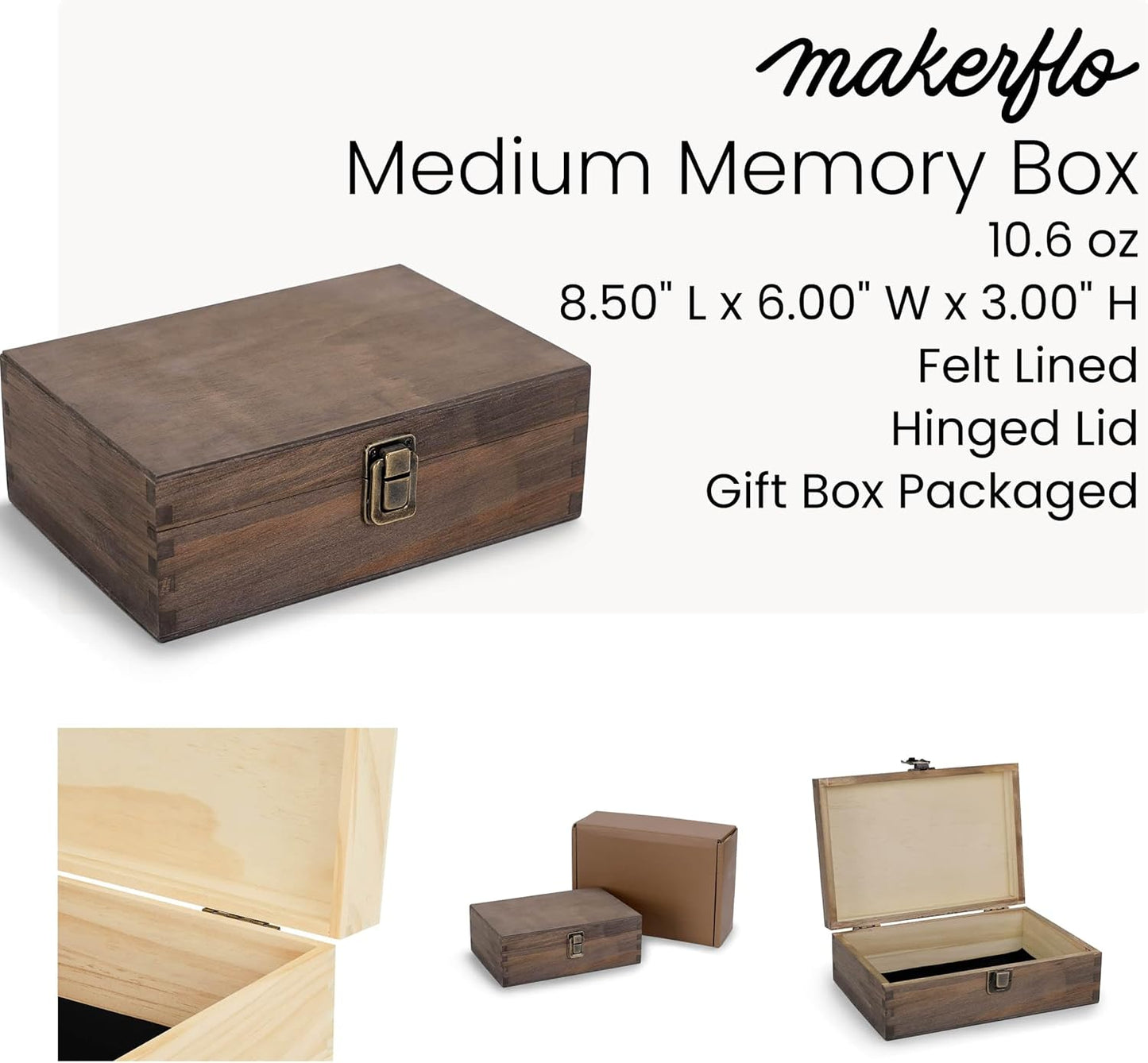 makerflo Medium Dark Walnut Wood Memory Box (Pack of 24) with Hinged with Clasp, Black Felt Inside, Keepsake Wooden Box Ideal for Craft and Personalization (Laser Engraving, Epoxy, UV DTF, and Vinyl)