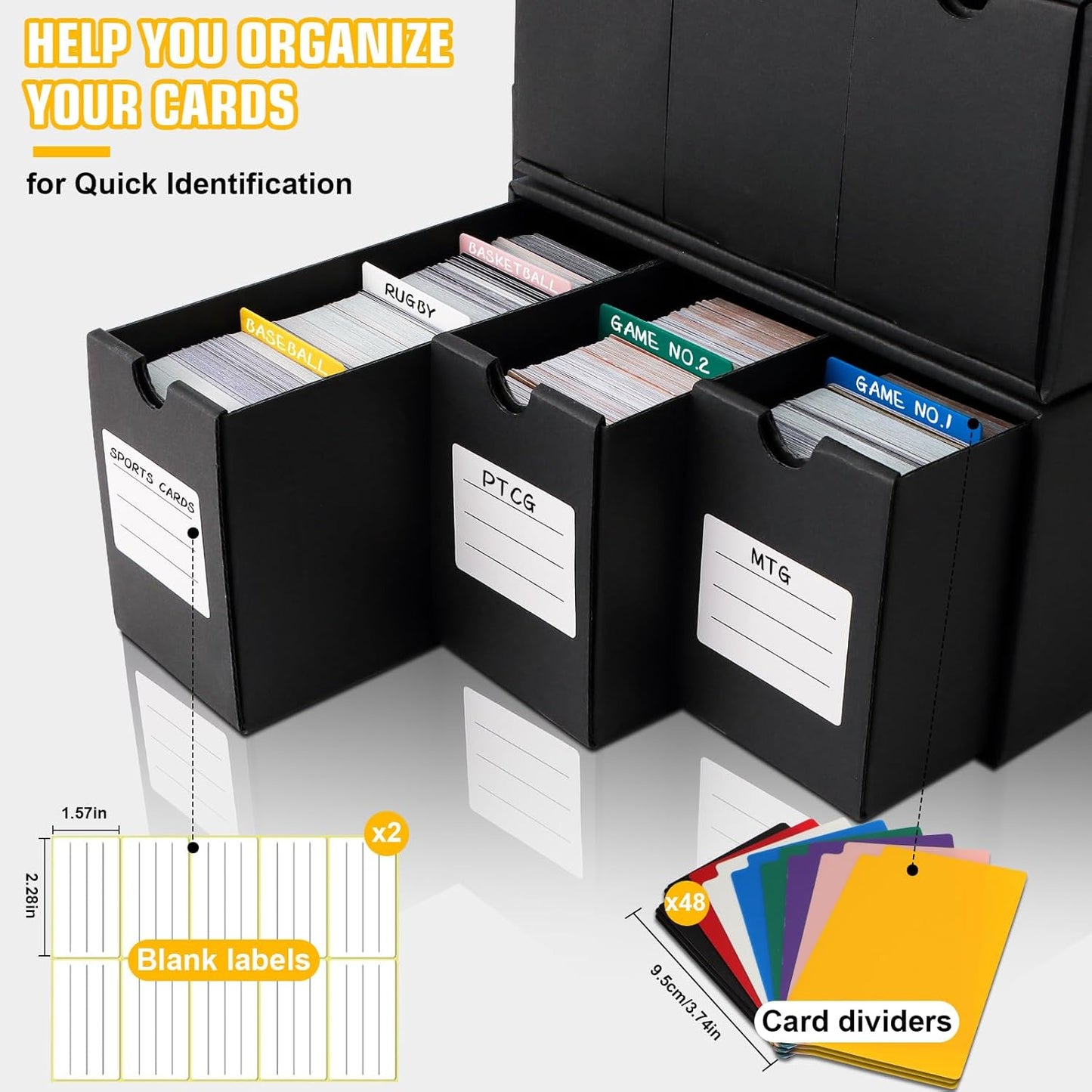 Trading Card Storage Box, Includes 18-600 CT Boxes & 60 Card Dividers, Trading Card Organizer for Collectible Card Games, for TCG, YGO, MTG, PTCG, Baseball Cards, with Labels & Tapes