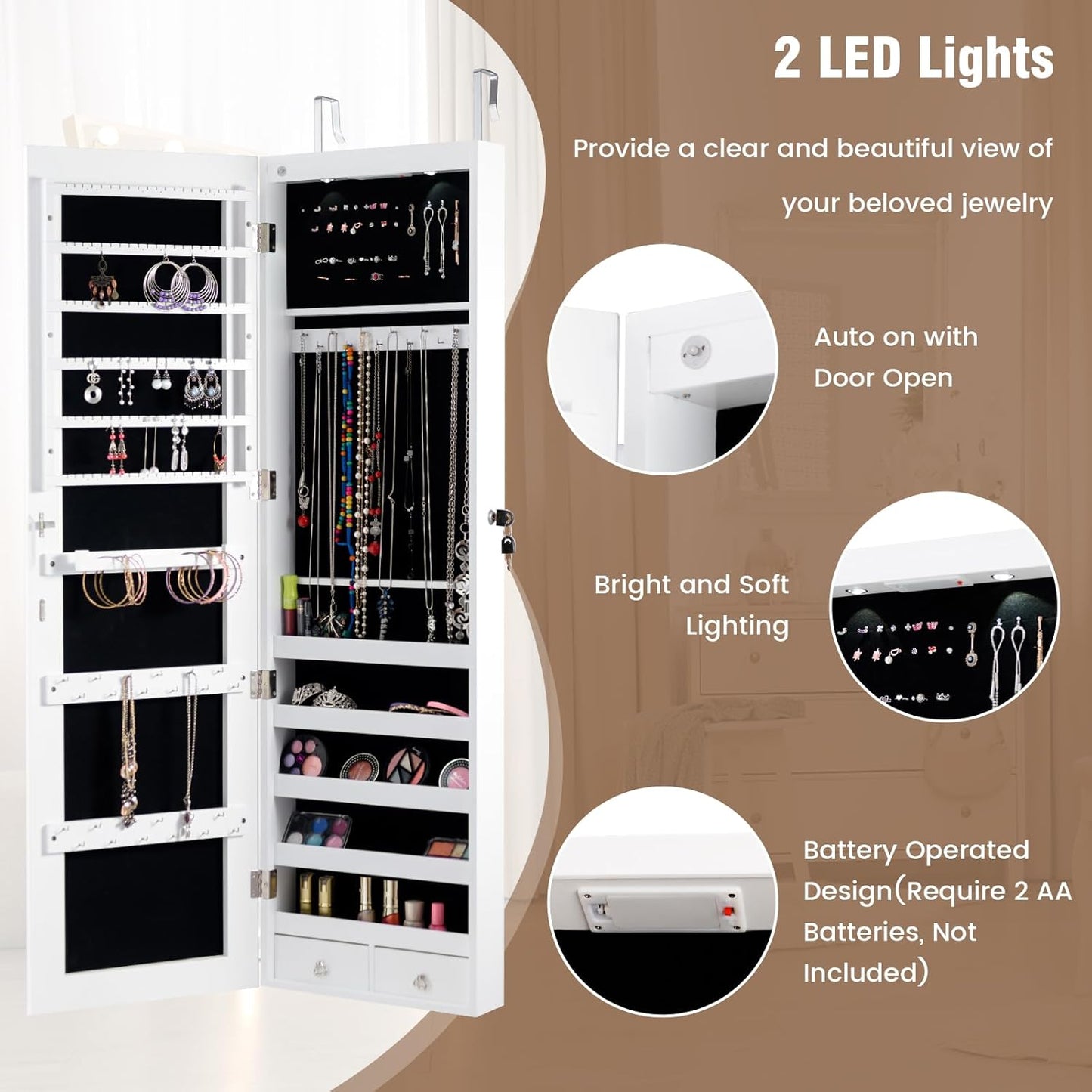 HAPPYGRILL Over the Door Jewelry Organizer, Hanging Jewelry Storage Cabinet w/Full-Length, Inner Makeup Mirror, Earring Shelves, Ring Slots, 25 Necklace Hooks, Wall Mounted Jewelry Armoire for Women