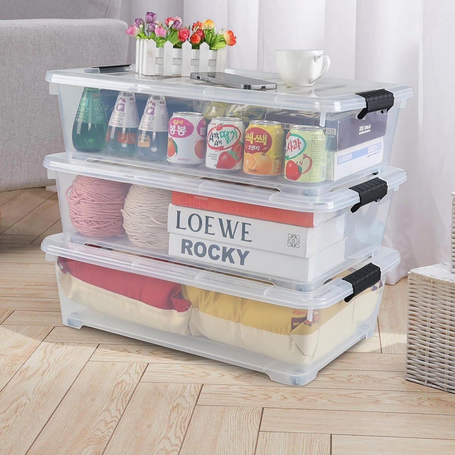 25 L Under Bed Storage Containers Plastic, 3 Packs Latch Storage Box with Wheels