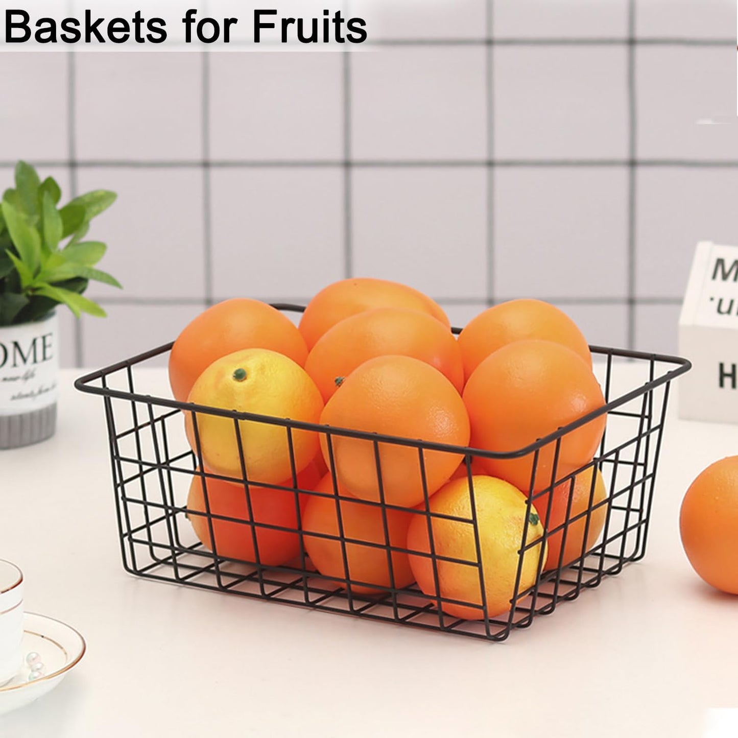 Wire Baskets for Organizing, 4 Pack Household Pantry Basket Black Metal Storage Bins Wire Storage Baskets Metal Baskets for for Home Office Kitchen, Bathroom