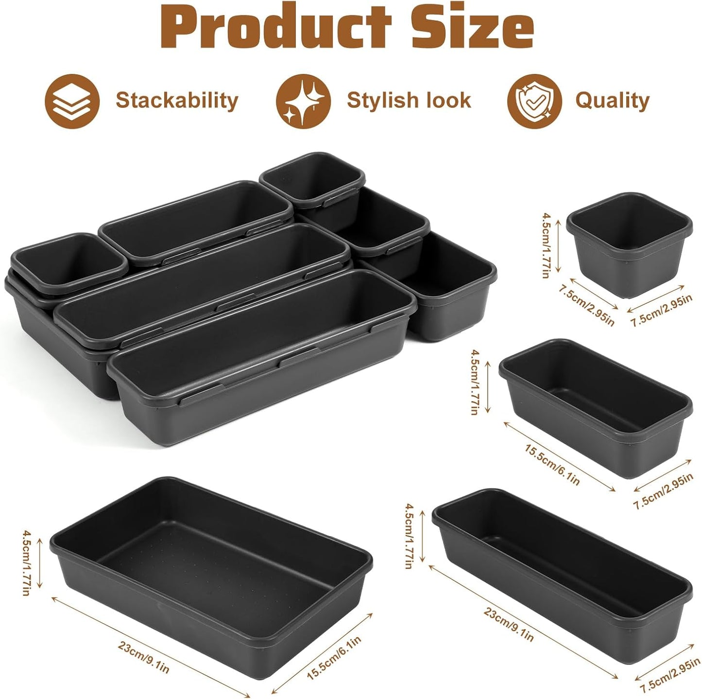 9 Pcs Stackable Drawer Organizer Trays Set, Multifunctional Storage Trays for Vanity, Bathroom, Kitchen, Office, Multi-size Durable Plastic Desk Drawer Organizer Bins, Custom Layout Design