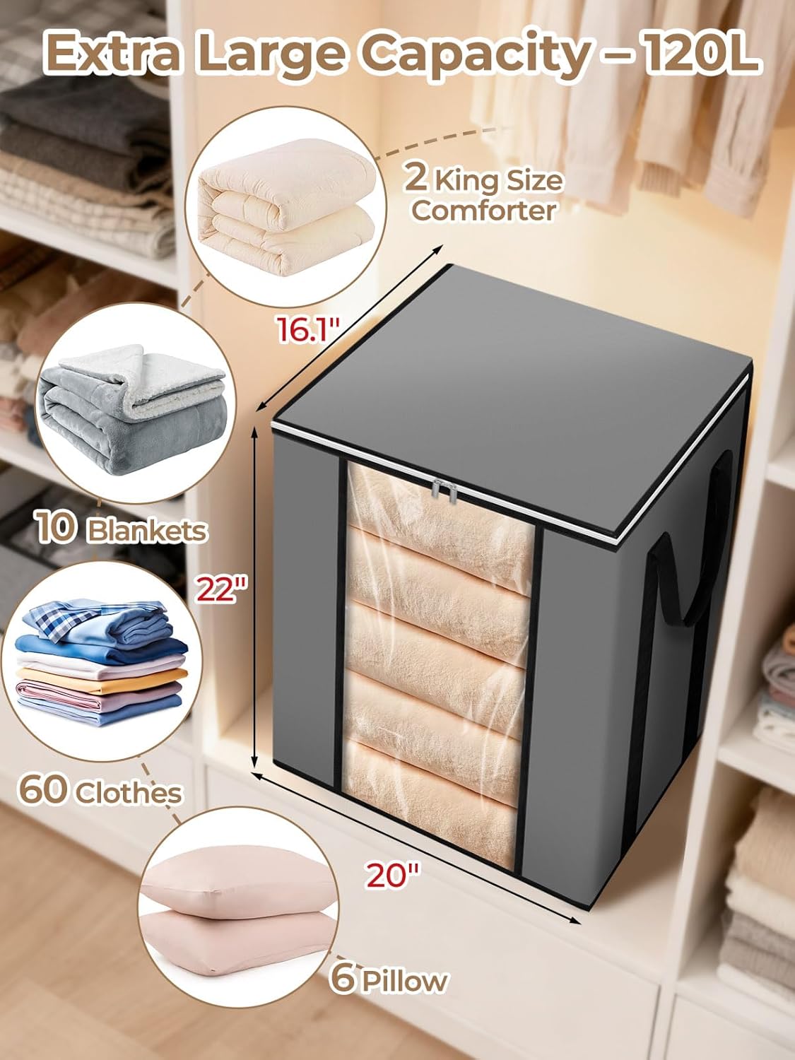 120L Extra Large Blanket & Clothes Storage Bags for Bedding & Comforters & Pillow–Foldable Thick Waterproof Fabric with Clear Window,Dual Zippers & Sturdy Handles,3 Pack Seasonal Organization