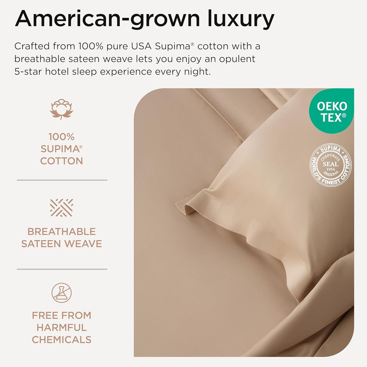 Threadmill Twin Sheet Set |656 Thread Count 100% Supima Cotton Sheets for Twin Mattress | Solid Sateen Twin Bed Sheets Set | 16” Deep Pocket | Soft Breathable 3-Piece Cooling Sheet Set | Beige Sheets