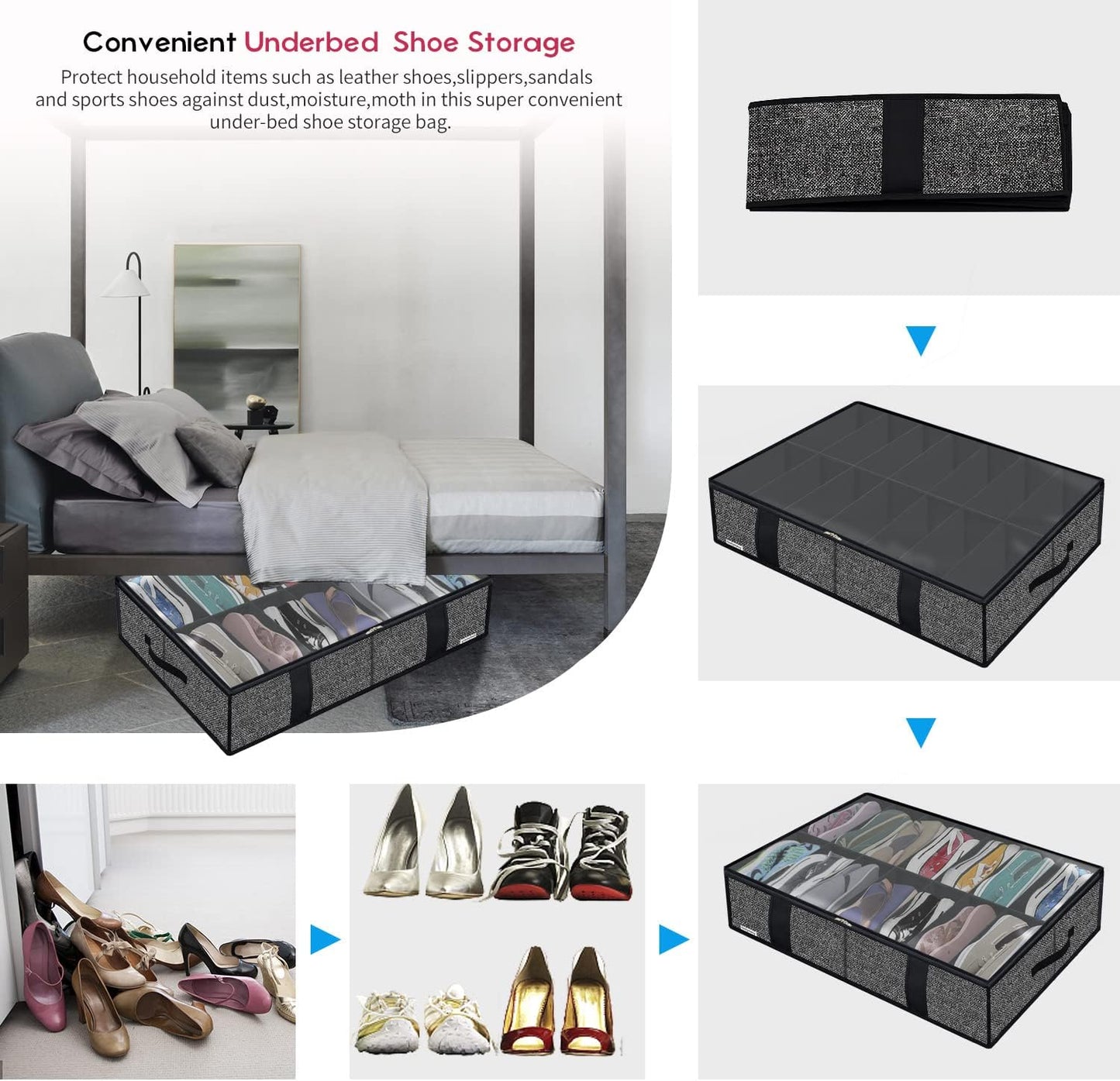 Onlyeasy 2 Pack Under Bed Shoes Storage Bag Organizer (14+4 Pairs), Collapsible Shoe Boot Container with Handles, Underbed Storage Solution for Kids & Adults, 86x60x15cm, Linen-like Black, MXAUBS14S4