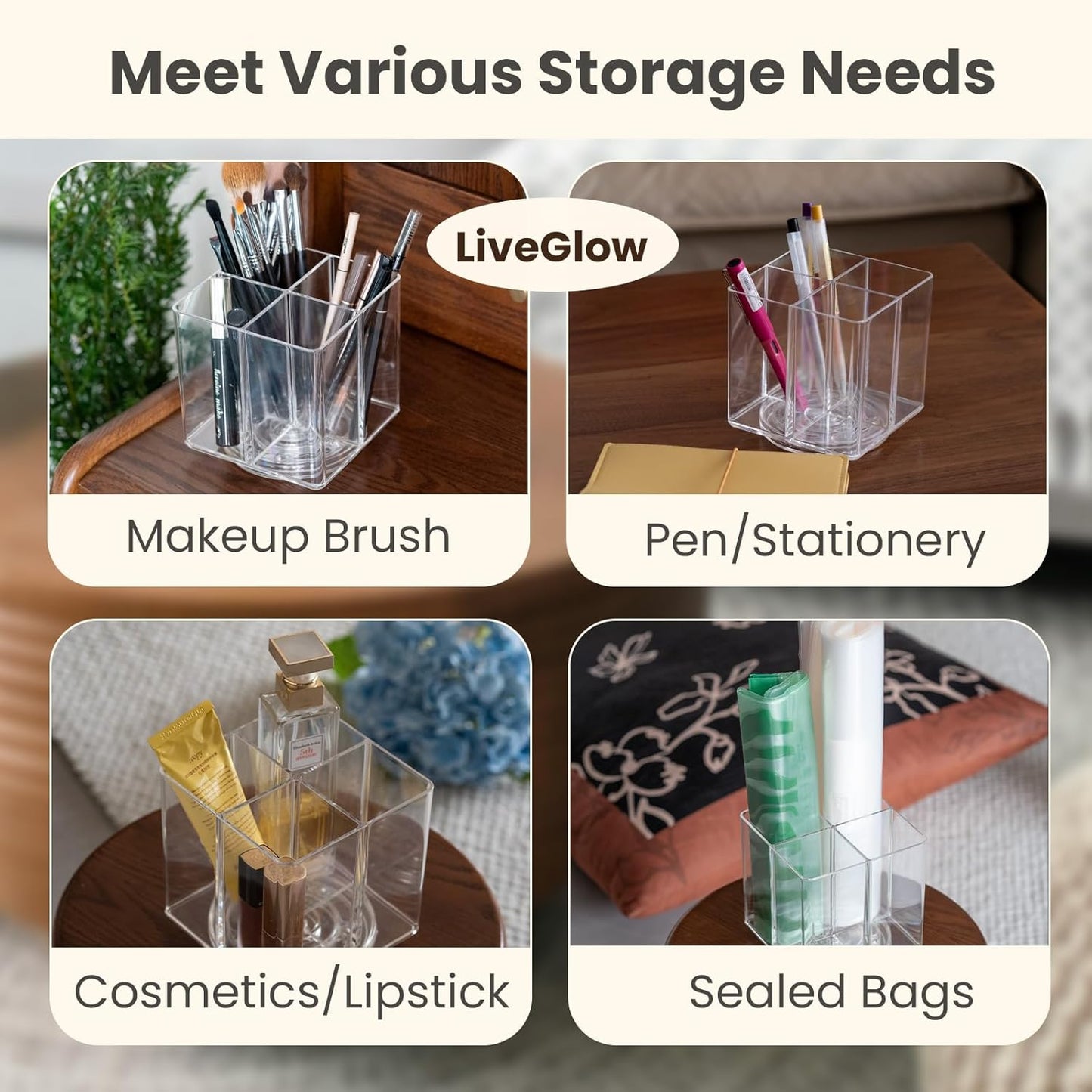 Clear Makeup Brush Holder,Acrylic Rotating 360°Makeup Brush Organizer,Pen holder with 4 Grids,Makeup Holder for Courtup,Containers for Desk,2pc