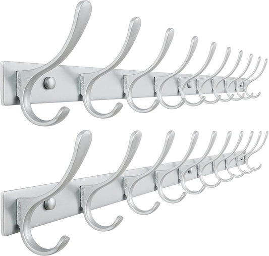 SKOLOO Coat Rack Wall Mounted - 10 Hooks, Pack of 2, Heavy Duty, Stainless Steel, Metal Wall Hangers, Sturdy Coat Hooks for Hanging Coats, Jacket, Clothes, Hat, Cold Light Silver