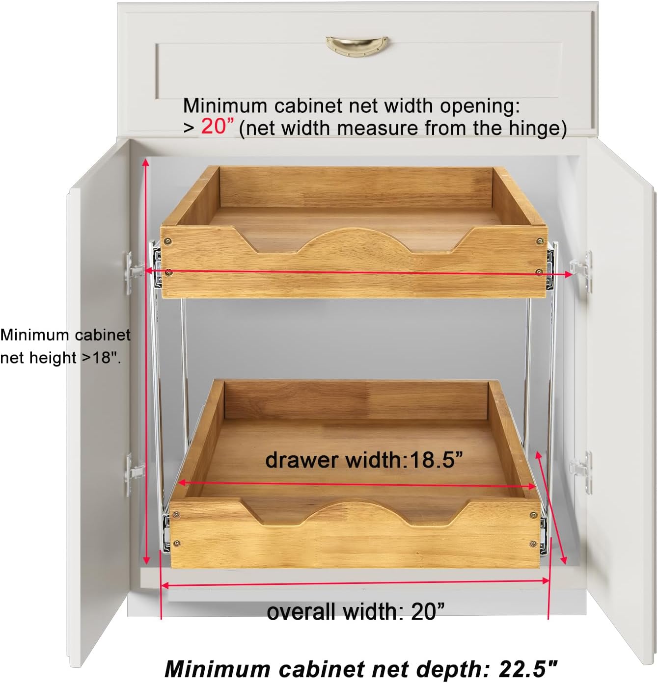 DINDON 2 Tier Pull Out Cabinet Organizer (20" W x 21" D) Wood And Metal Double Tier Slide Out Wood Drawer Under Cabinet Storage Organization
