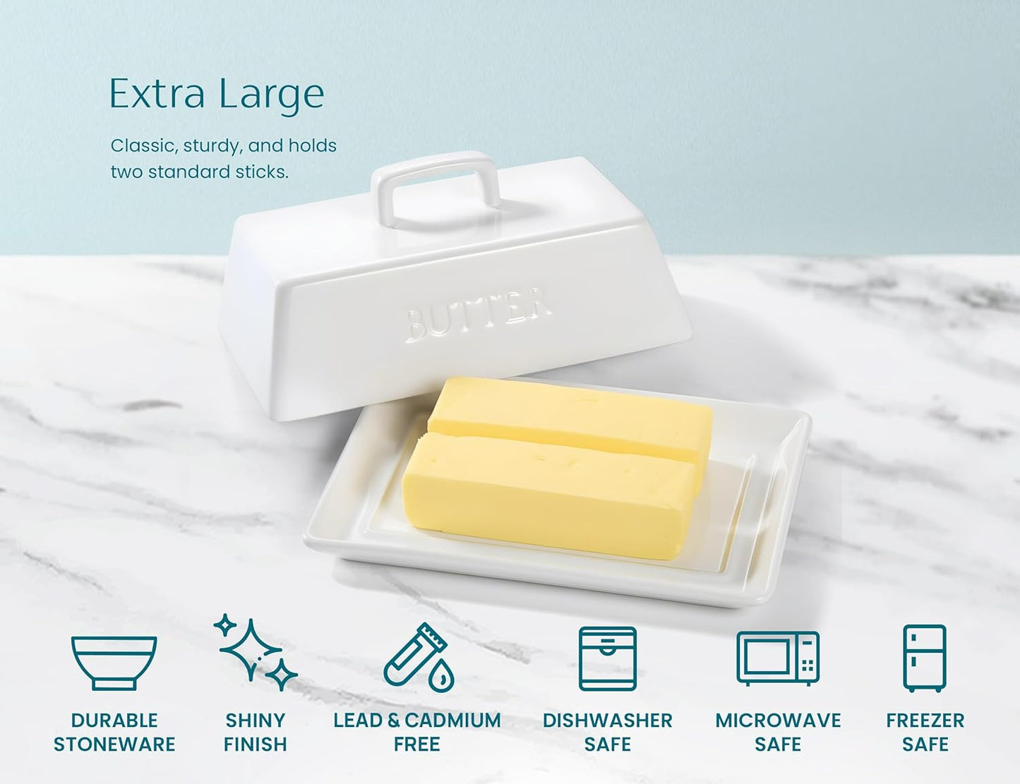 Kook Ceramic Extra Large Butter Dish with Lid, Holds 2 Sticks, Fits East Coast , West Coast, European style and Kerrygold butter, Kitchen Countertop Butter Keeper, Serving Tray with Cover, White