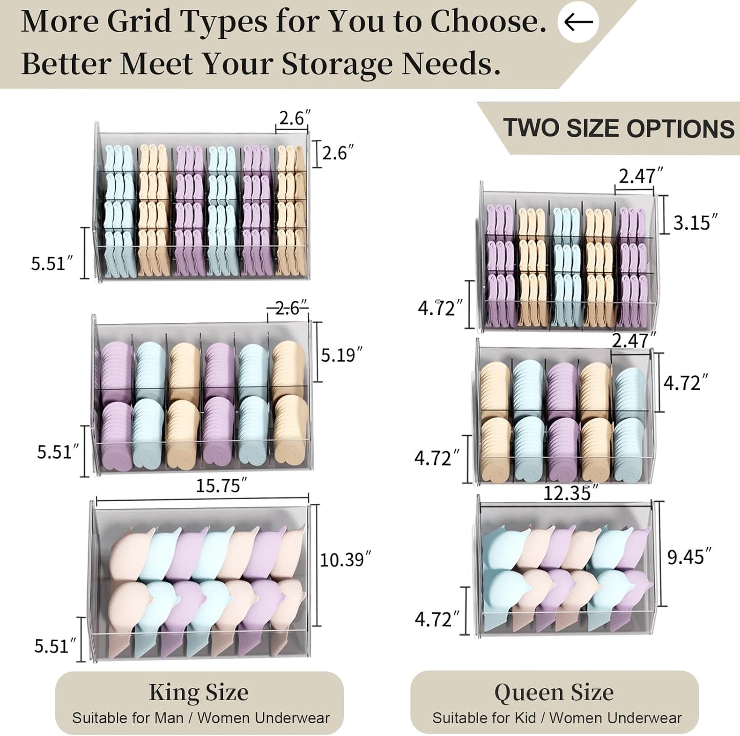Underwear Organizer Drawer, 15 Cells Plastic Sock Underwear Storage Drawer, Stackable Closet Organizers and Storage Box for Bras, Socks, Scarves, Ties, Belt (Queen Size-White, 1 Pcs)