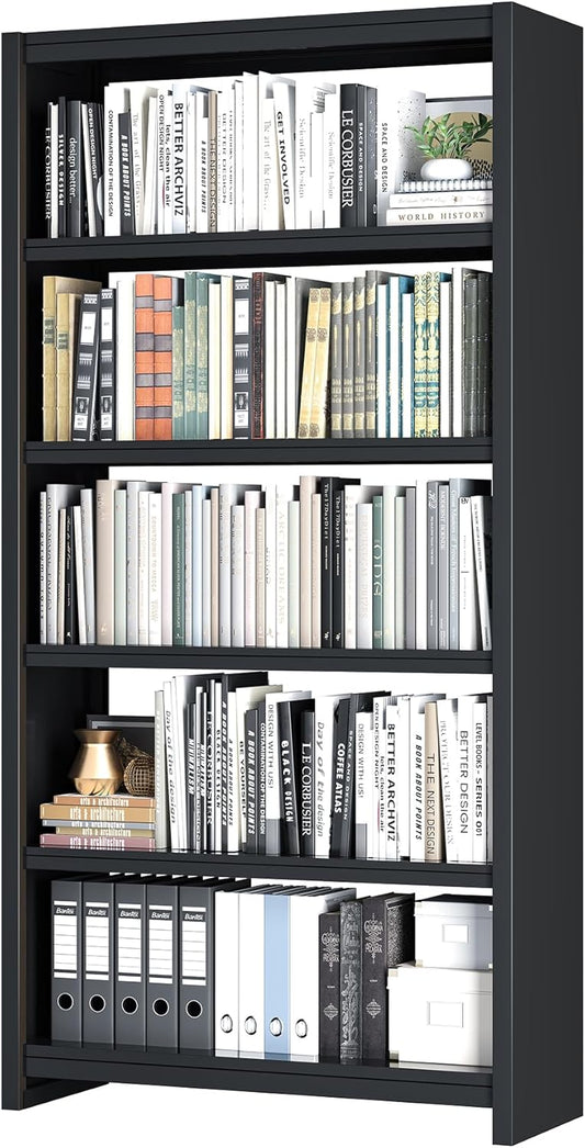 Bookshelf, 5 Shelf Bookcases, Tall Bookcase for Heavy Books, CDs, Movies, Garage Kit, Modern Display Shelf for Library Home Office Bderoom Living Room, Metal Bookshelves Industrial Black