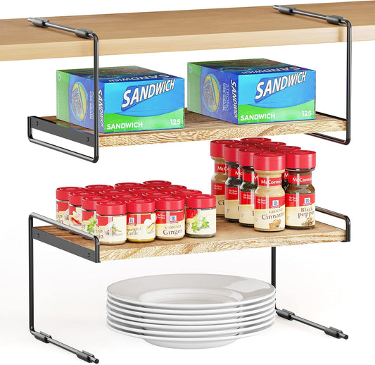 SpaceAid Cabinet Shelf Organizers 2 Pack, Kitchen Counter Organizer Rack Under Shelves Riser, Pantry Cupboard Storage Organization, Metal and Wood, Black and Natural, 16" Wide