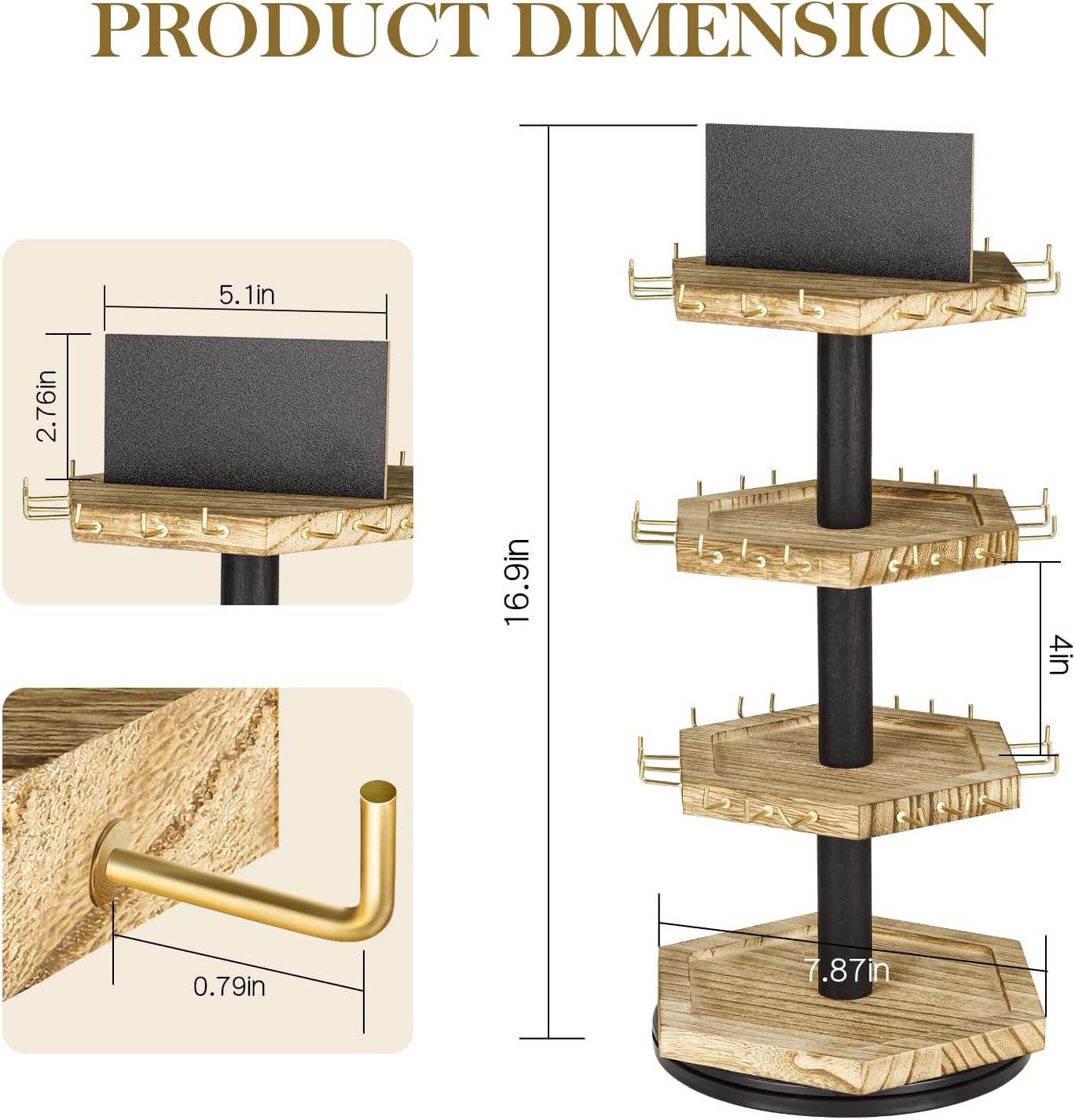LadyRosian 3-Tier Wooden Rotating Jewelry Display Stand | Bracelet & Keychain Organizer with Advertising Board | 54 Hooks Rustic Holder for Vendor Booth & Stores (3-Tier Round Hexagon)