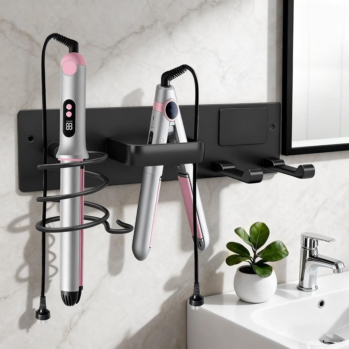 Hair Dryer Holder Blow Dryer Holder for Wall Mount Curling Iron Holder Flat Iron 3 in 1 Bathroom Hair Tool Organizer Rack, Matte Black