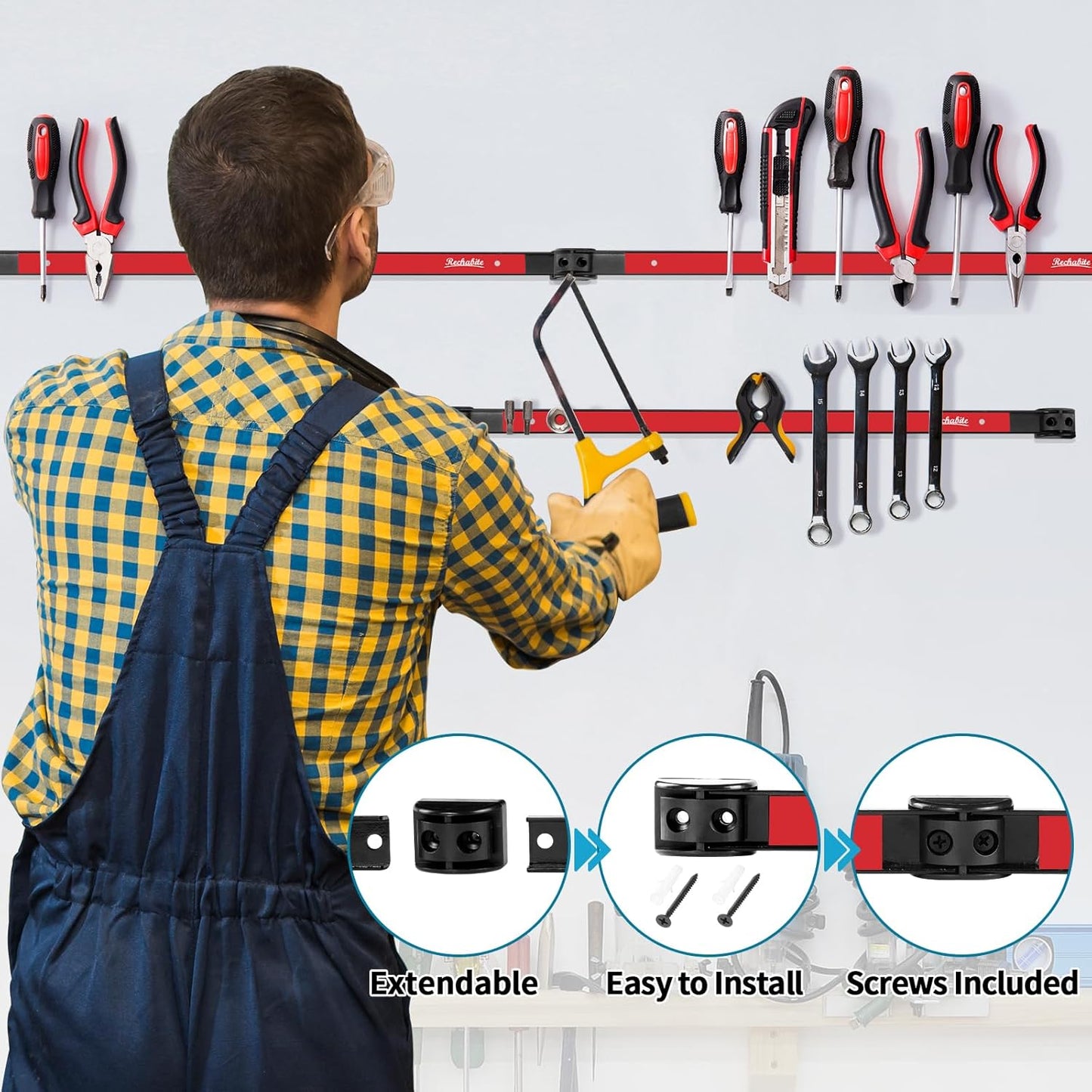 4 Pieces 12" Magnetic Tool Holder Strip, Red Magnet Bar, Metal Tool Organizer Rack for Garage Organization, Easy To Install in Workshop, Mounting Screws Included