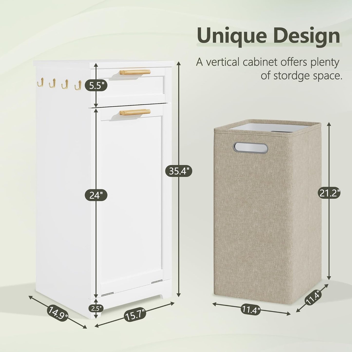 VECELO Tilt Out Laundry Hamper, 35" Bathroom Cabinet with Hidden Removable Basket, 1 Drawer and 4 Side Hooks for Storage, White