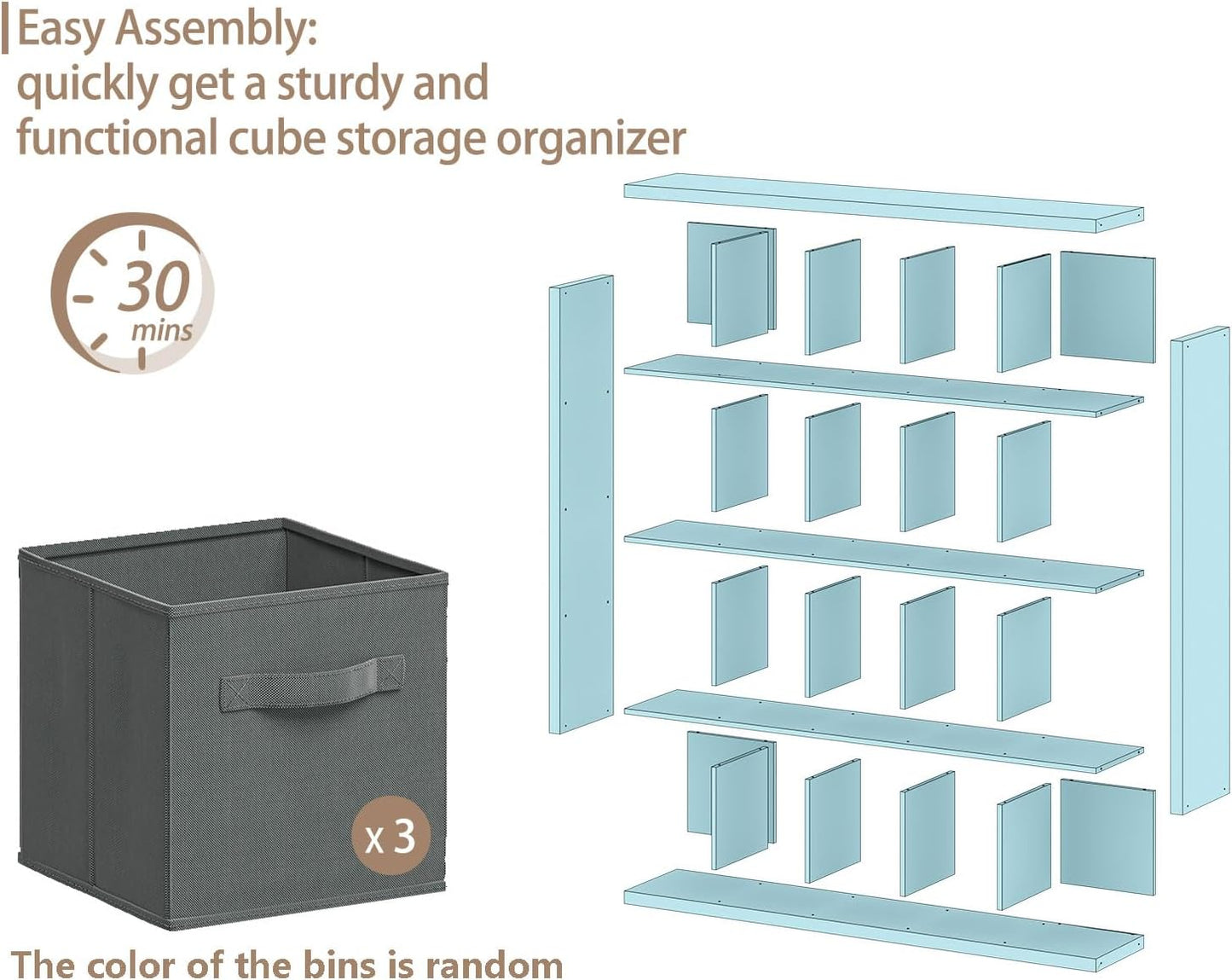 Sturdy Wooden Bookshelf with Storage Bins - 20-Cube Organizer, Multifunctional Cubicle Rack for Display & Storage, Living Room, Bedroom, Office, White