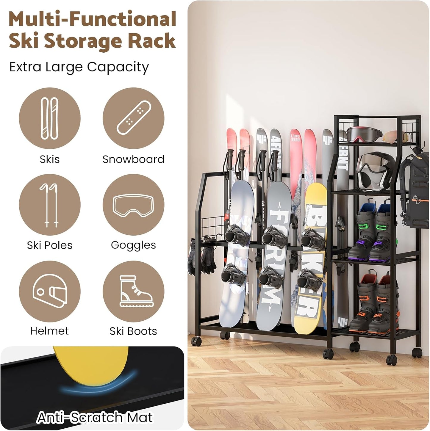 4-Tier Freestanding Snowboard Rack for 4 Pairs of Skis, 3 Snowboards, Boots, Poles, Goggles, Helmets, Ski Storage Rack with Adjustable Shelves, Snowboard Stand for Home, Garage