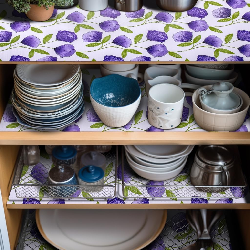 18" W x 96" L Floral Drawer and Shelf Liner for Cabinets, Non-Adhesive Strong Grip Non-Slip Flower Shelf Cabinet Kitchen Shelf Liners for Kitchen Cabinets