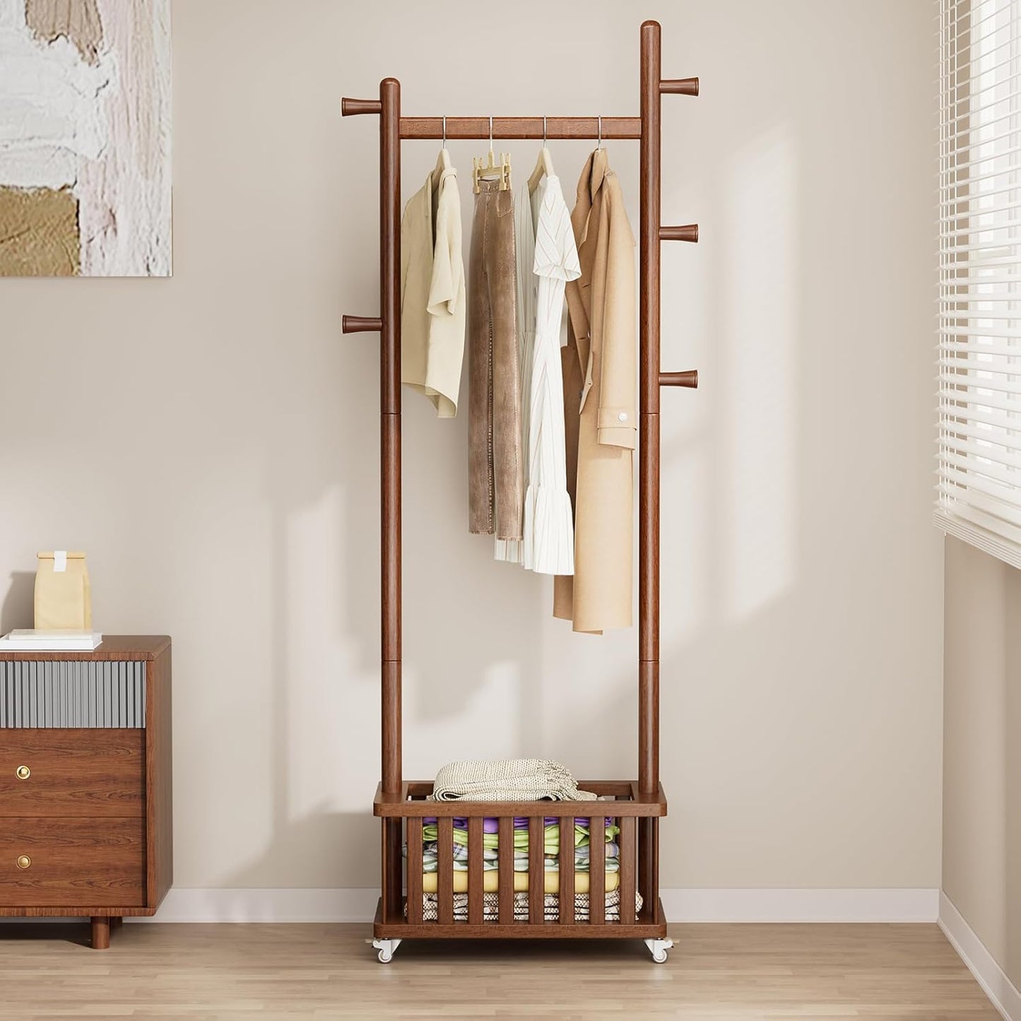 Solid Wood Coat Rack Clothes Rack, Coat Rack Freestanding with Storage Basket and 5 Hooks, Heavy Duty Coat Tree for Entryway, Living room, Coat Hanger Stand for Hats, Bags Clothes
