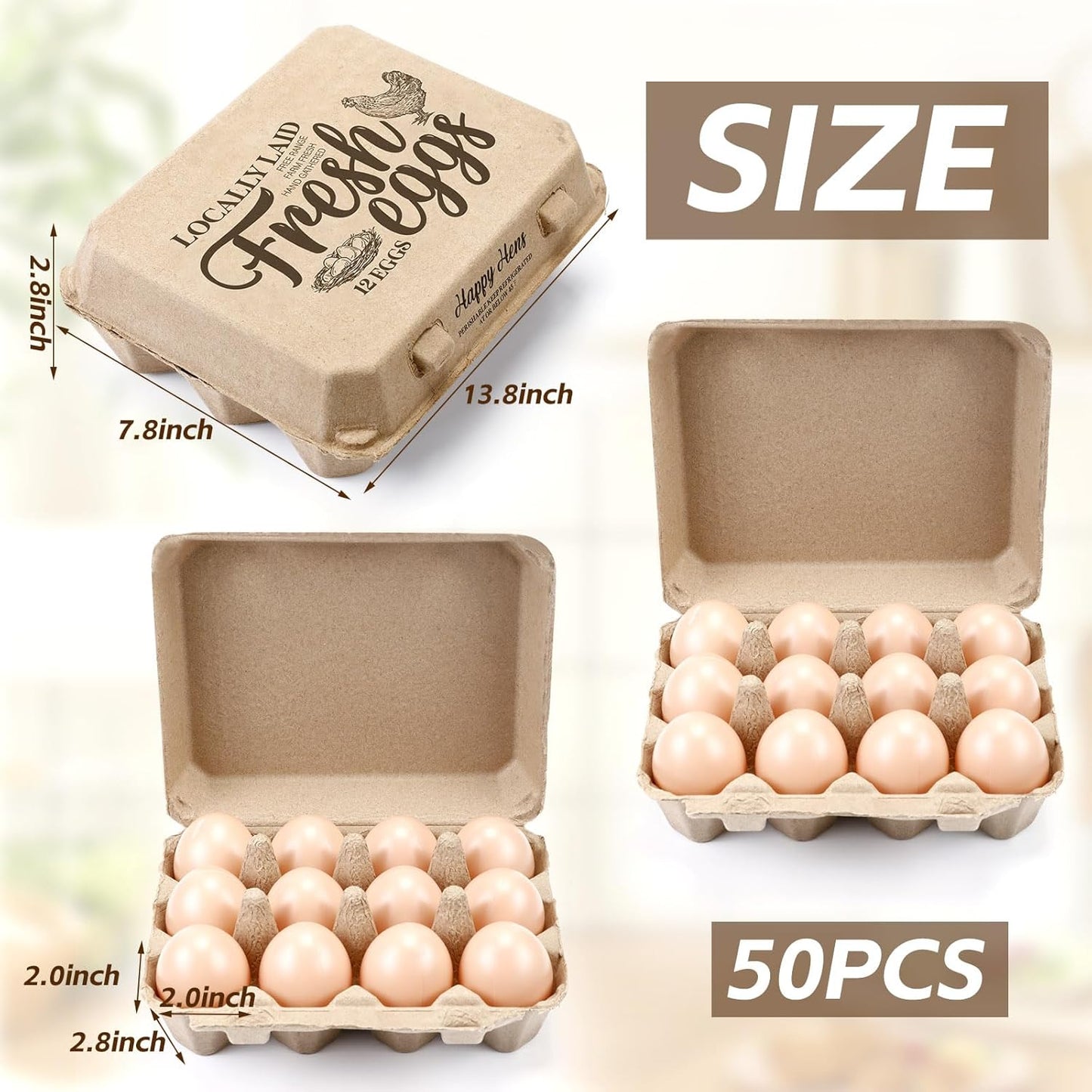 Zhanmai 50 Pcs Natural Paper Pulp Egg Cartons Blank Bulk 12 Count Dozen Vintage Classical 3 x 4 Style Square Chicken Cardboard Egg Tray Holder for Family Farm Market Storing(Stylish)