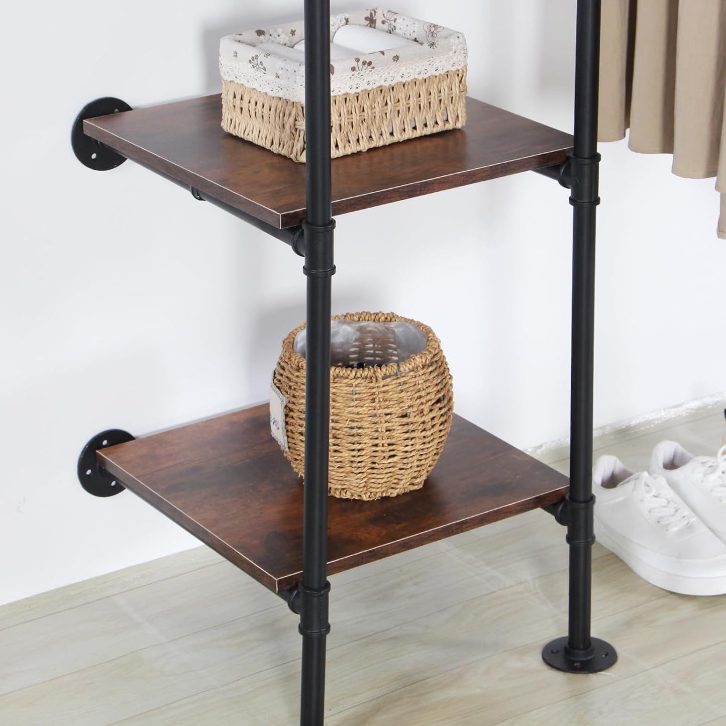 Industrial Pipe Clothing Rack with Shelves, 71inch Wall Mounted Closet Storage Racks,Hanging Clothes Retail Display Rack, Garment Racks with Shelves Closet Rods System