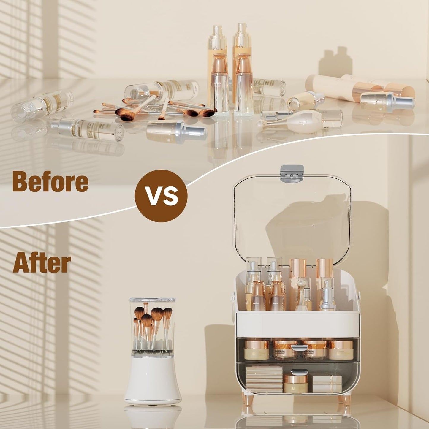 Makeup Organizer Countertop & Makeup Brush Holder with Lid 360 Rotating Clear Dustproof Skincare Holder for Vanity Bathroom Countertop, Ideal Gifts for Women, Transparent, Silver
