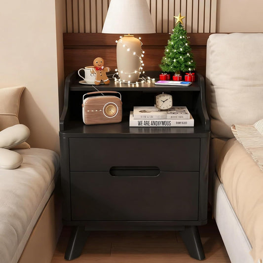 Nightstand with Charging Station, 21" Tall Nightstand w/2 Storage Drawers, Wood Night Stand with Hidden Handle, 17'' Wide Modern Bedside Table for Bedroom,Black