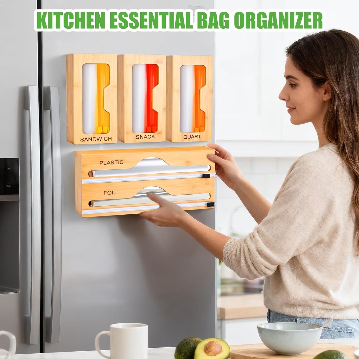 Magnetic Ziplock Bag Organizer for Refrigerator or Drawer, Bamboo Foil and Plastic Wrap Organizer with Cutter, Kitchen Food Storage Bag Holder for Gallon, Quart, Snack, Sandwich, Size Baggie