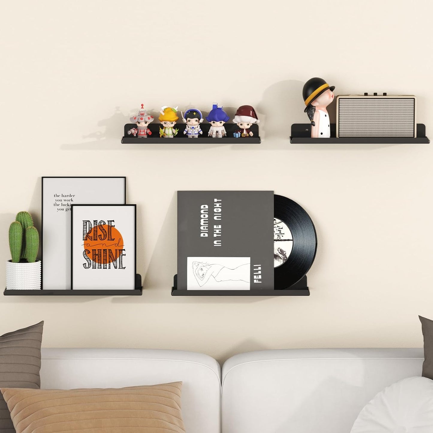 Lifewit Floating Shelves for Wall, 12 Pack Black Acrylic Shelf 15" Room Decor for Bookcase/Vinyl Record Display/Photo/Picture in Bedroom, Living Room, Bathroom, Kitchen Storage and Organization