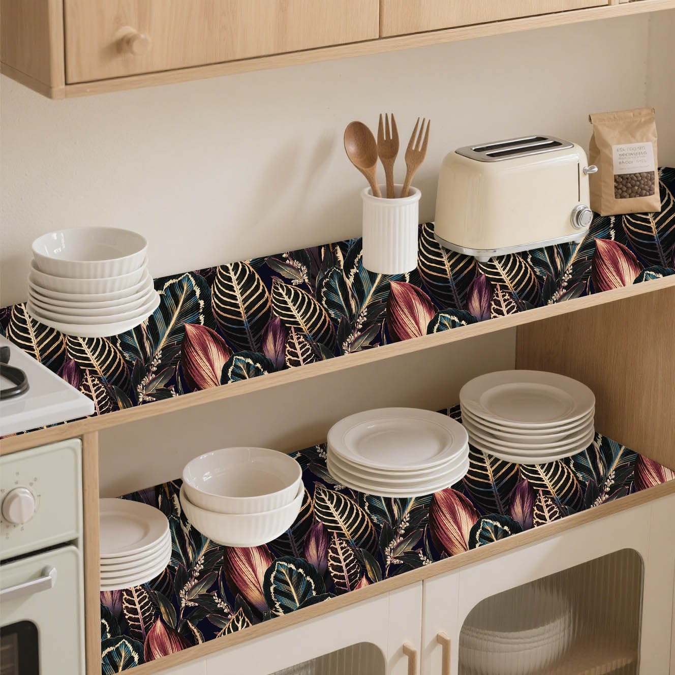 Floralplus Shelf Liner for Kitchen Cabinet, Self Adhesive Drawer and Cabinet Liner, Botanical Contact Paper, Waterproof Countertop Cupboard Dresser Liners 17.7 x 78.7 in