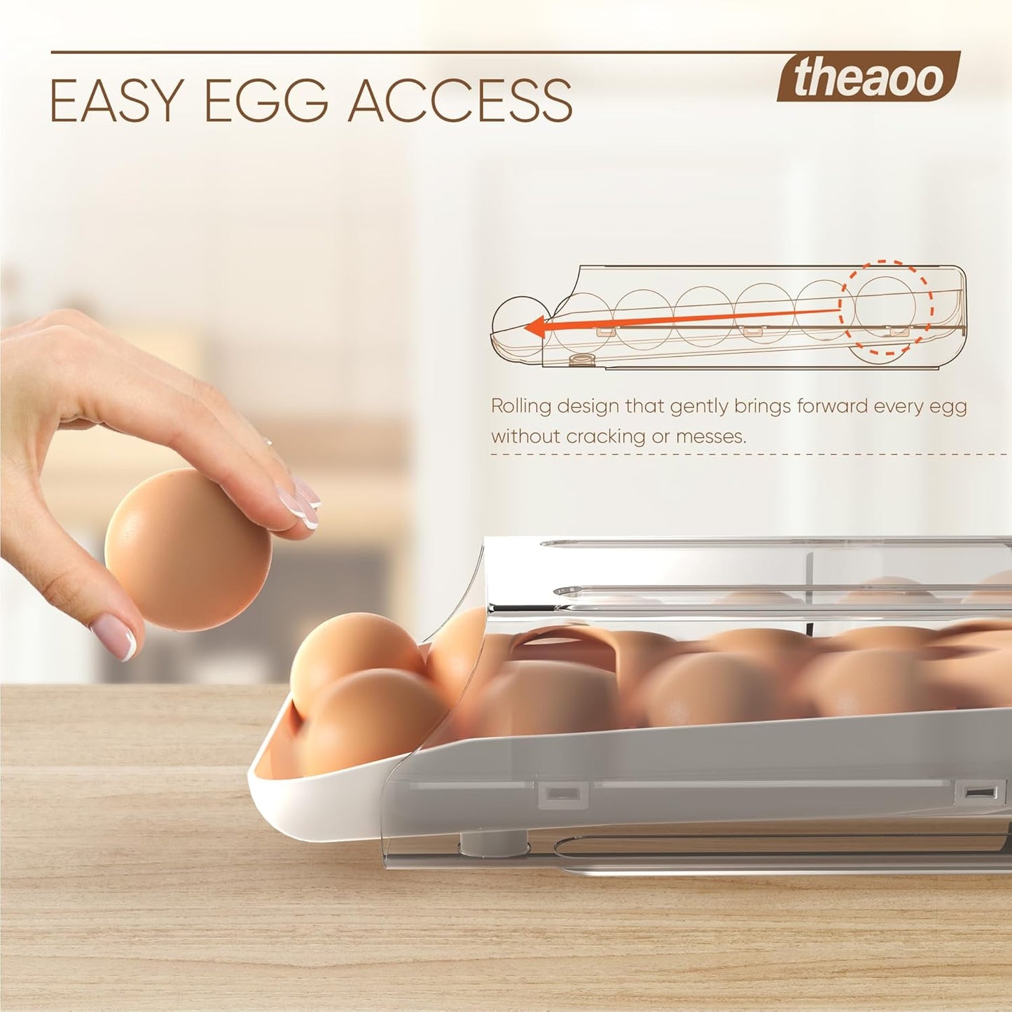 theaoo Egg Holder for Fridge, Automatic Rolling Egg Container for Refrigerator, Clear Plastic Egg Dispenser, Stackable Eggs Organizer with Quick Removable inner Tray For Organizers and Storage, 2 Pack