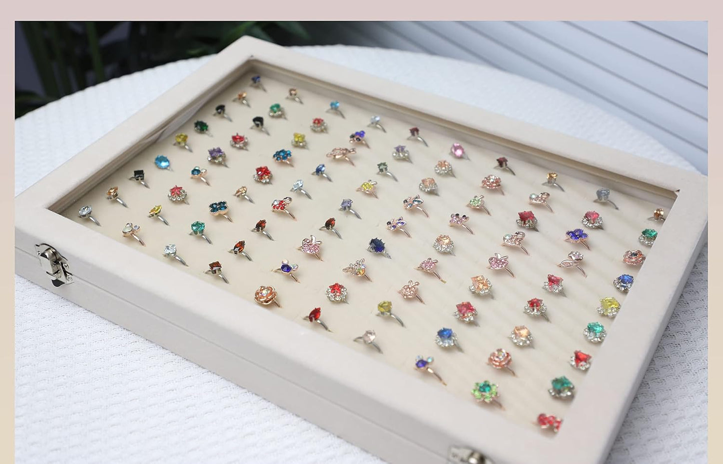 Stratalife Jewelry Organizer Ring Storage Display Tray with Clear Glass Lid Velvet Jewelry Showcase Ring Box for Multiple Rings Drawer Display 100 Slot (Beige)