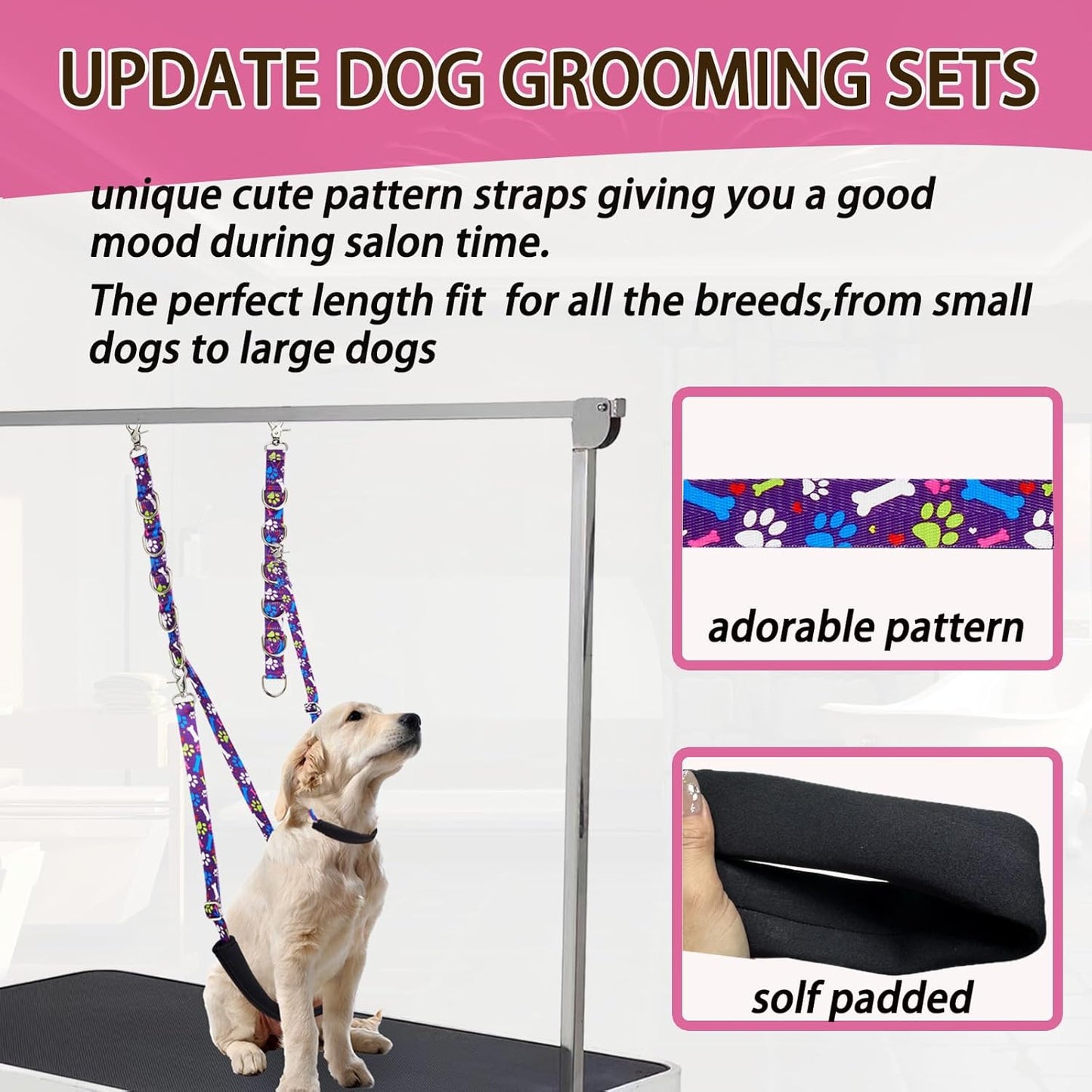 Dog Grooming Belly Straps – Adjustable Grooming Loops with Cute Paw & Bone Pattern – Pet Grooming Belly Support Band Table Accessories for Small to Large Dogs(Green)