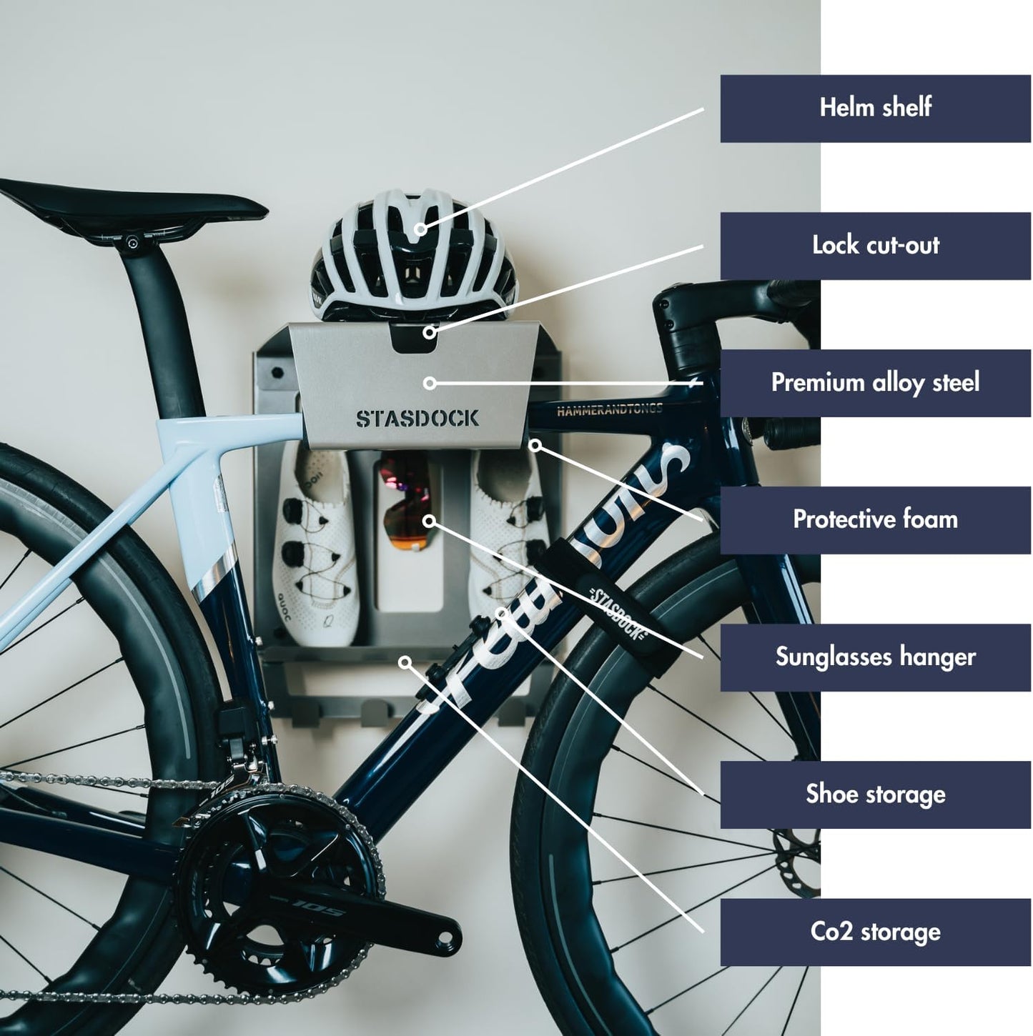 Stasdock Wall Bike Rack | Bike Storage Wall Mount System | For Race Bicycles (Silver Metallic) and Mountain Bikes | Bike Shelf | Indoor bike wall bracket | Stores helmet and shoes | Home and Garage