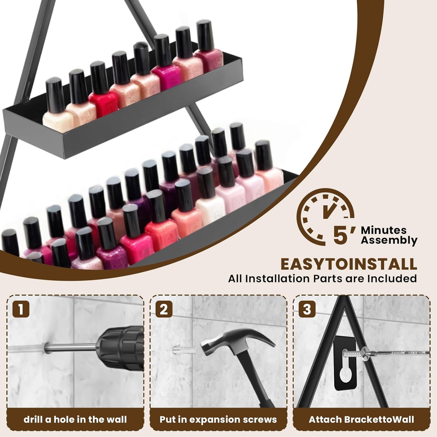 10PCS Nail Polish Rack Wall Mounted Shelf, 5 Tiers Black Triangular Display Rack, Cosmetic Display Cases, Lipstick Perfume Wall Shelf Essential Oil Organizer for Home Spa Nail Salon Shop (Black)