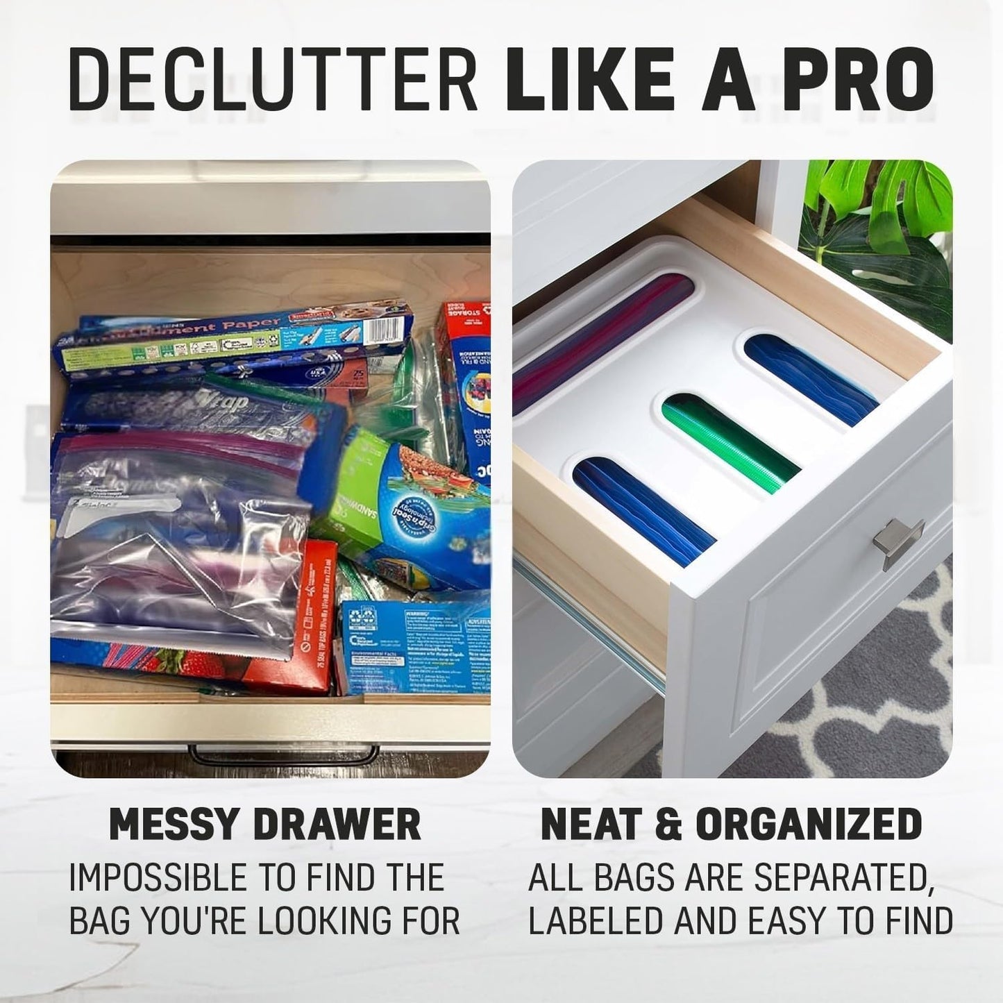 HIMUS Food Storage Bag Organizer - 4 in 1 Plastic Baggie Organizer for Drawer | Compatible with Sandwich, Snack, Gallon, Quart & Slider | Plastic Bag Organizers Kitchen Storage| Wall & Drawer Mount