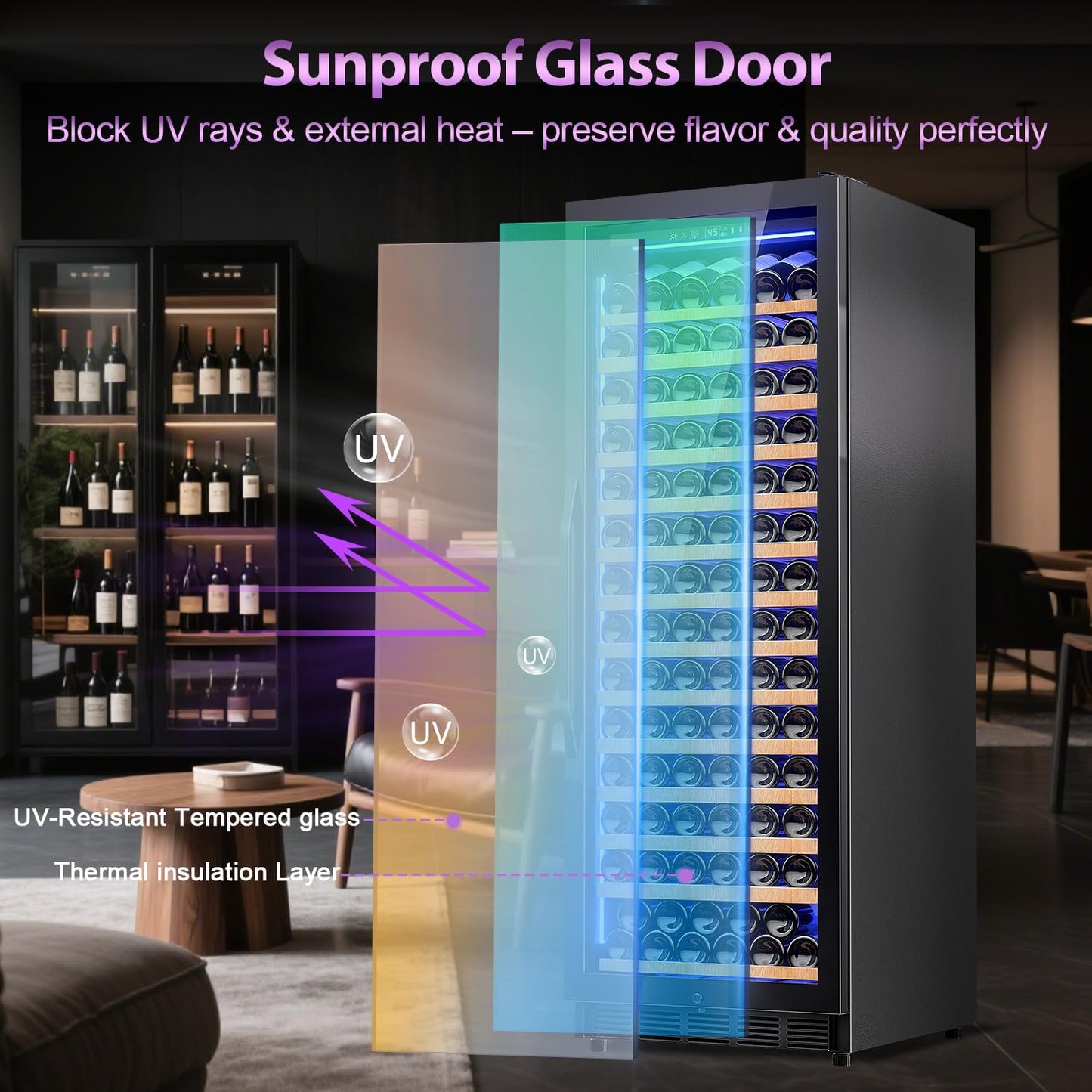 Wine Cooler-Wine Fridge with Safety Lock Freestanding/Built in 24 Inch Wide Large Wine Refrigerator for 154 Bottles,Cellar Chiller Low Noise, Fast Cooling, Black