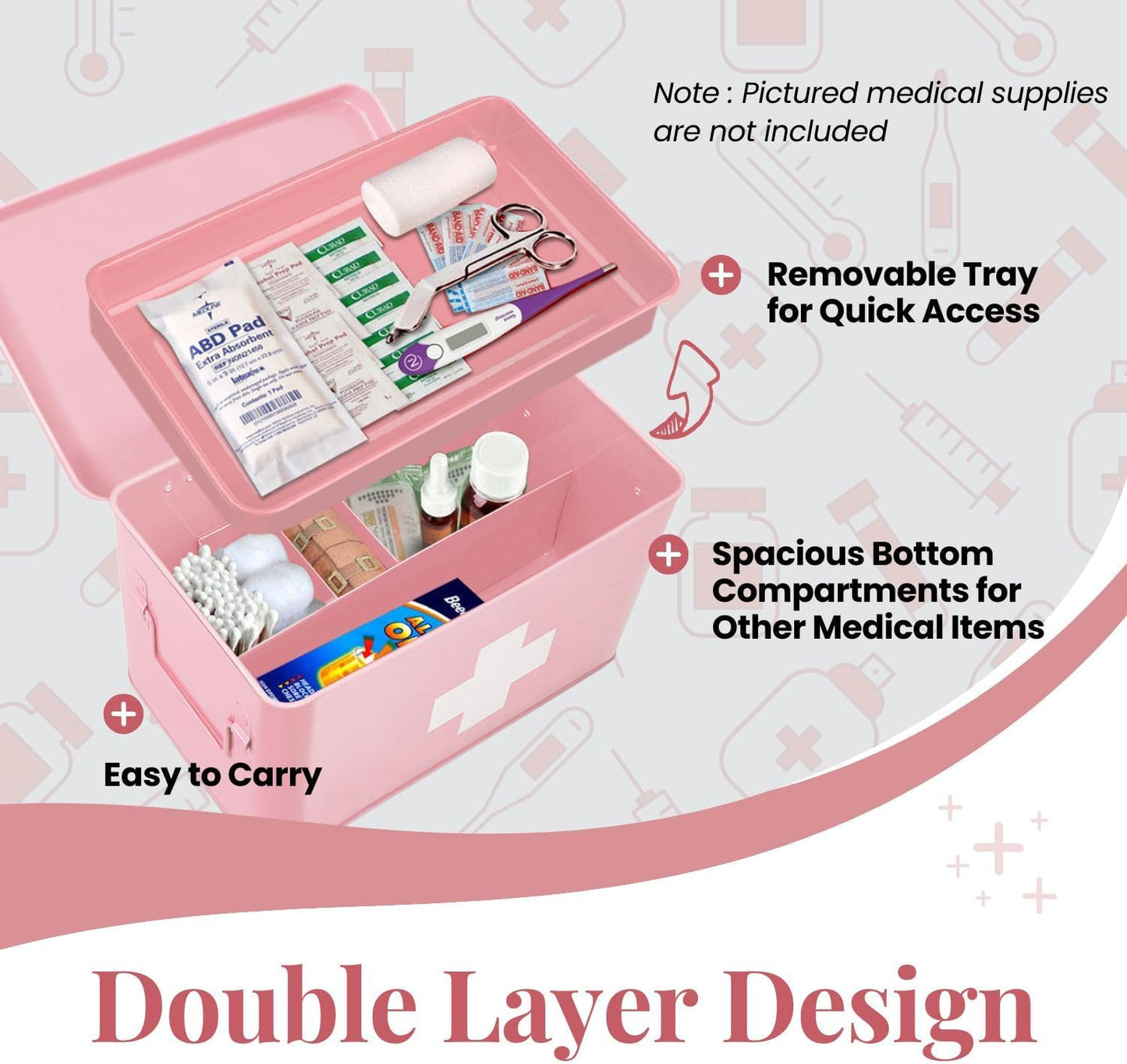 Flexzion First Aid Box Organizer Empty 13" Pink Vintage First Aid Kit Tin Metal Medical Box - First Aid Storage Box Container Bins with Dividers, Removable Tray and White Cross Logo