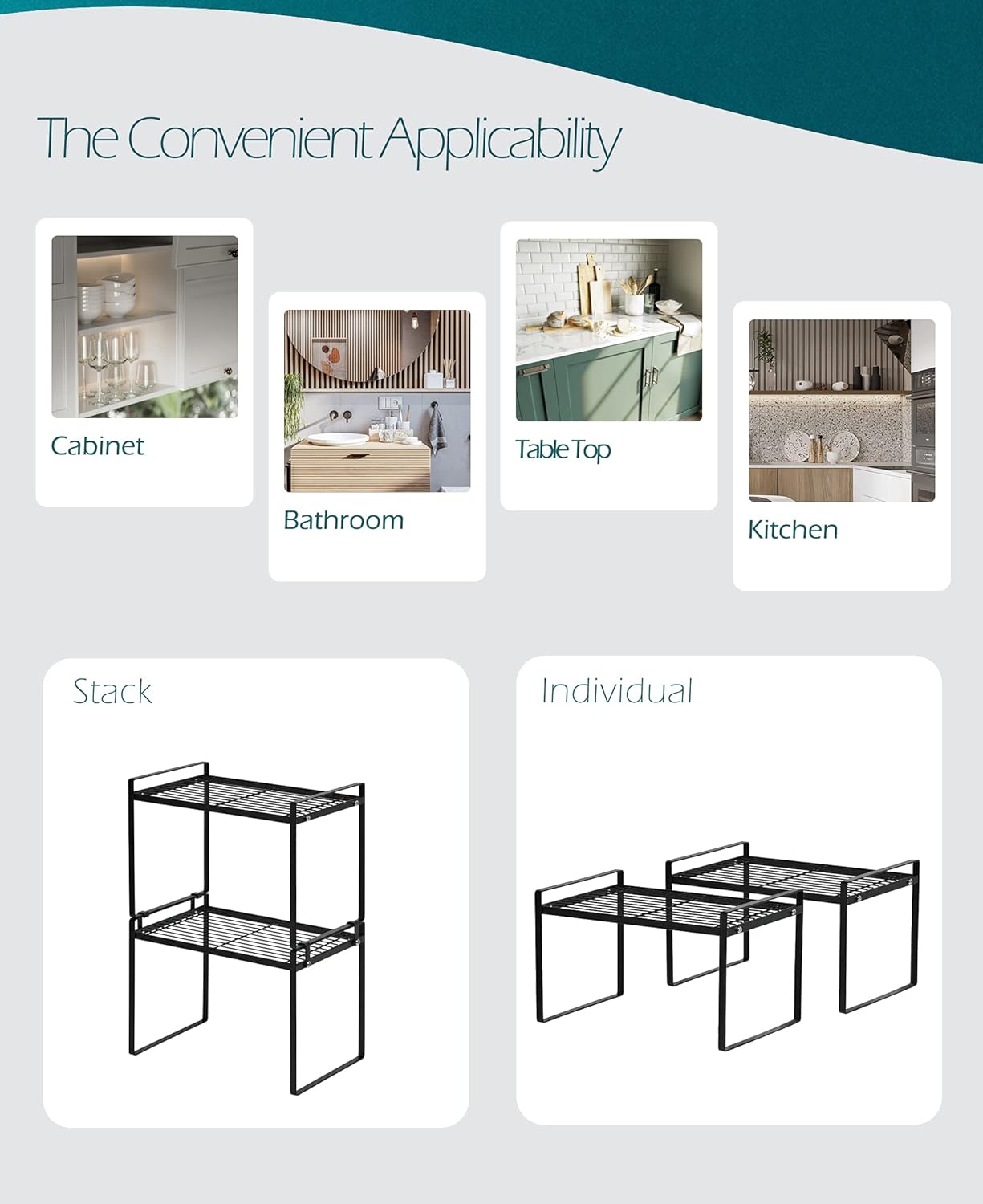 2pk Kitchen Cabinet Shelf Counter Organizer Rack Pantry Storage Bathroom Bedroom Office Table Desk Space Saving Steel Frame Stackable Rust Resistant Non Slip Black-Tall-L13in W8.3in H9.5in