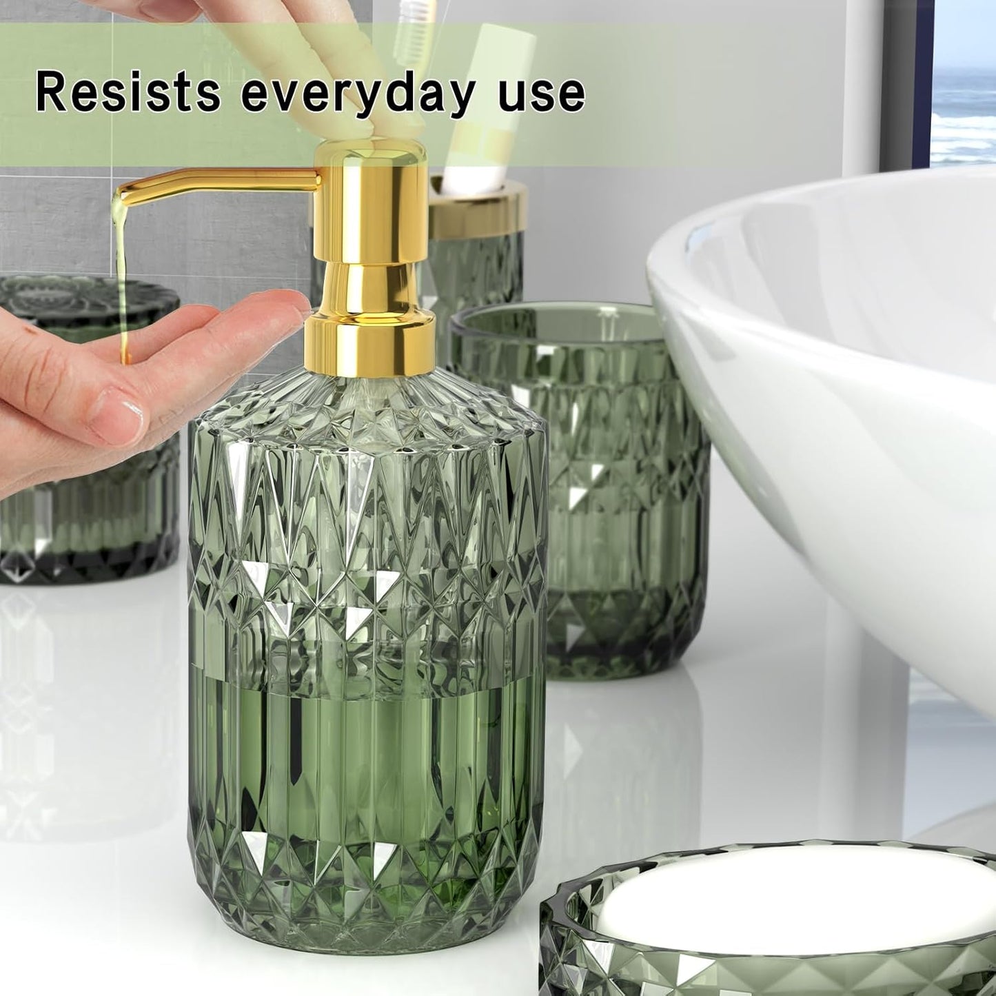Green Glass Bathroom Accessories Set 5 Pcs, Green Bathroom Set, Soap Dispenser and Toothbrush Holder Set, Qtip Holder Set, Vintage Bathroom Sink Set, Cute Bathroom Decor