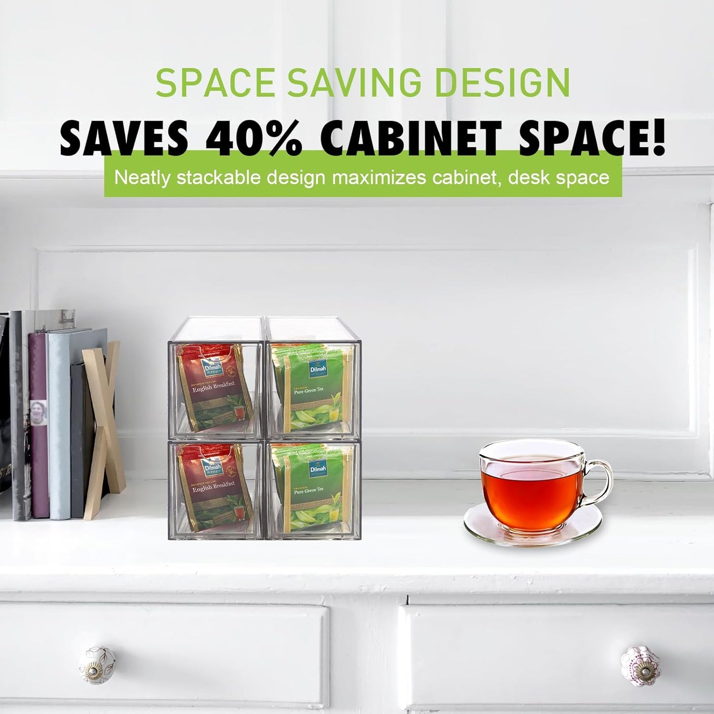 Ettrick 4 Pack Stackable Tea Bag Organizer, Clear Acrylic Tea Bag Drawer for Drawer, Pantry, Kitchen, Cabinet, Countertop