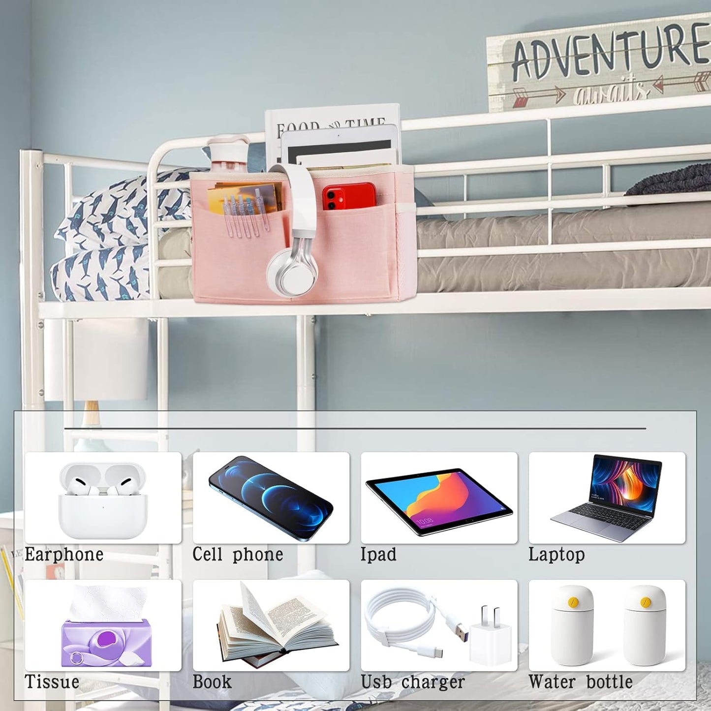 Bedside Caddy Bedside Storage Organizer Hanging Bunk Bed Dorm Room with Side Pockets for Water Bottles, Books, Cell Phones, Headphones 2 Pack (Pink)