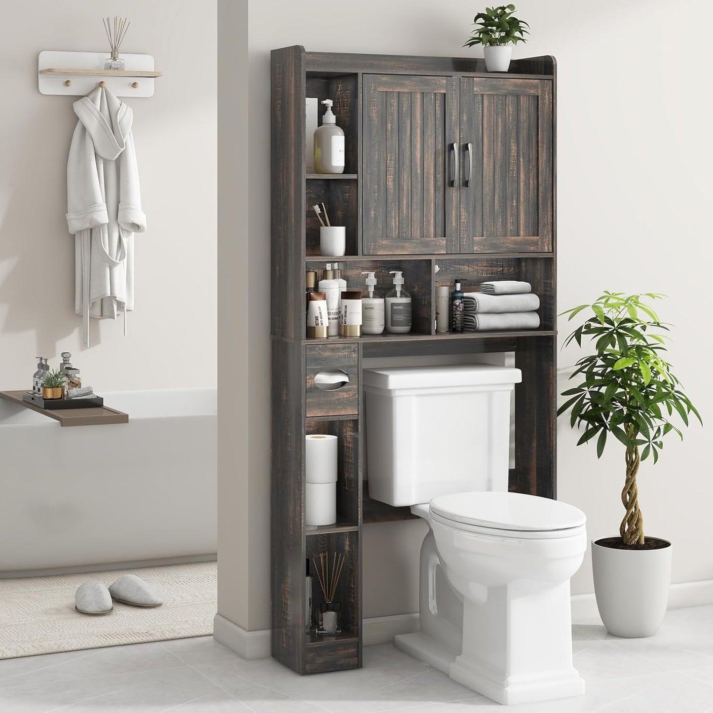 Vabches Over The Toilet Storage Cabinet, Farmhouse Storage Cabinet Over Toilet with Barn Door，Home Space-Saving Toilet Rack, for Bathroom, Restroom, Laundry